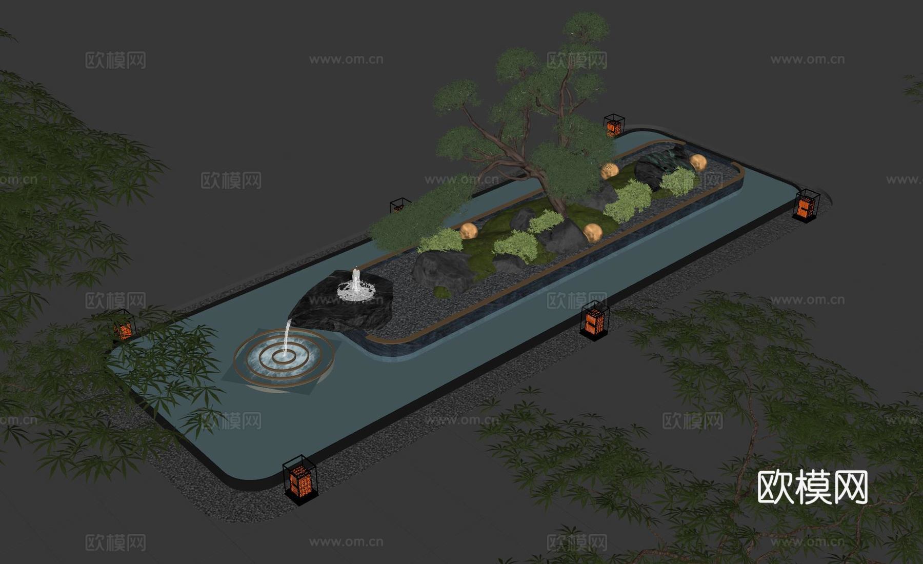 现代水景观 庭院水景 水钵叠水 跌水su模型
