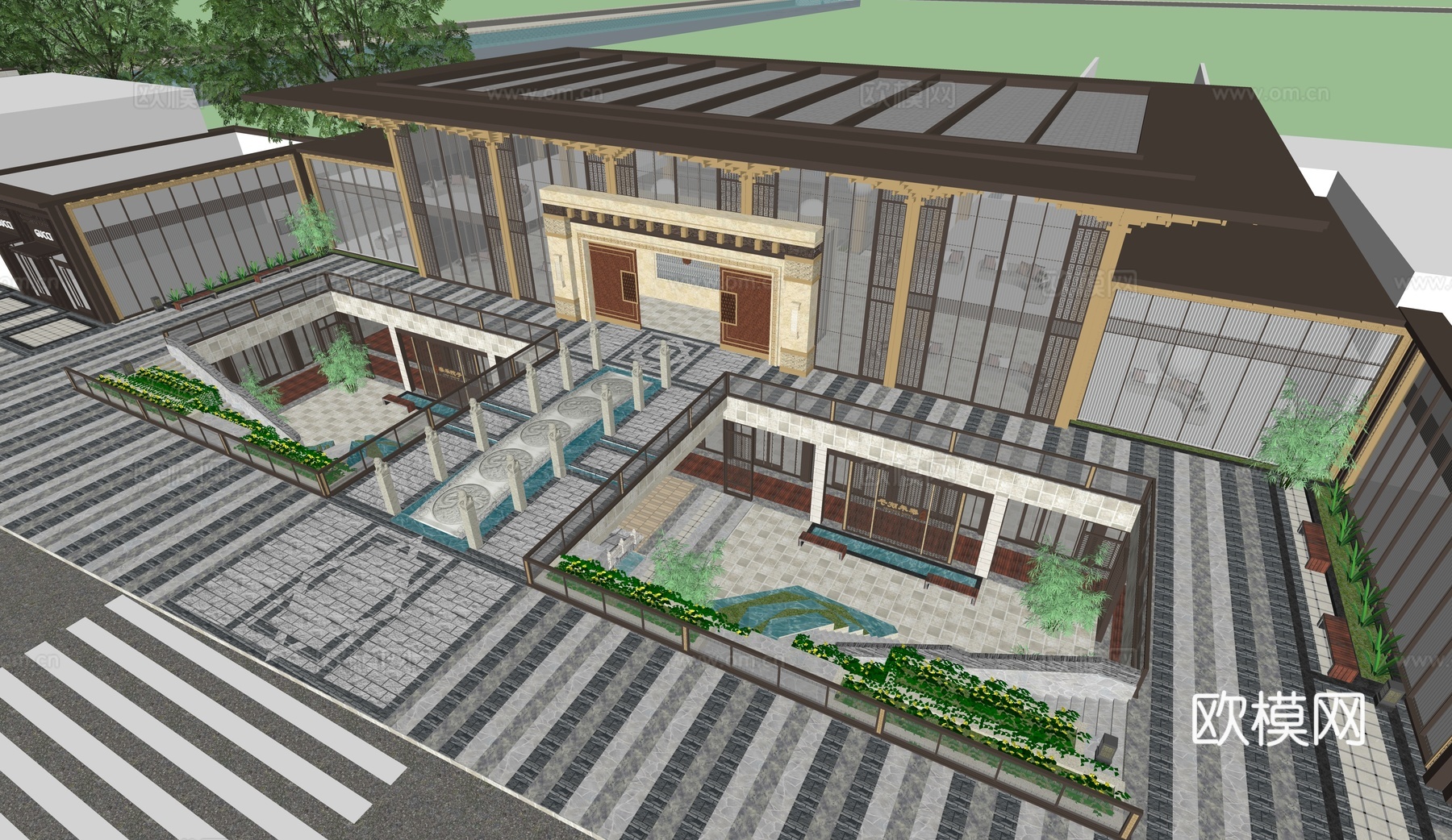 新中式售楼处 售楼部景观 私人会所 展馆建筑su模型