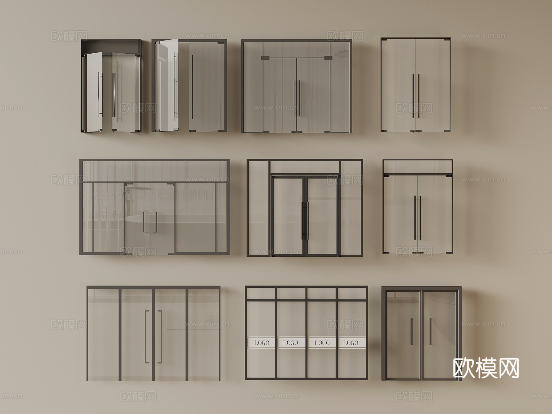 玻璃门 现代办公室玻璃门组合3d模型