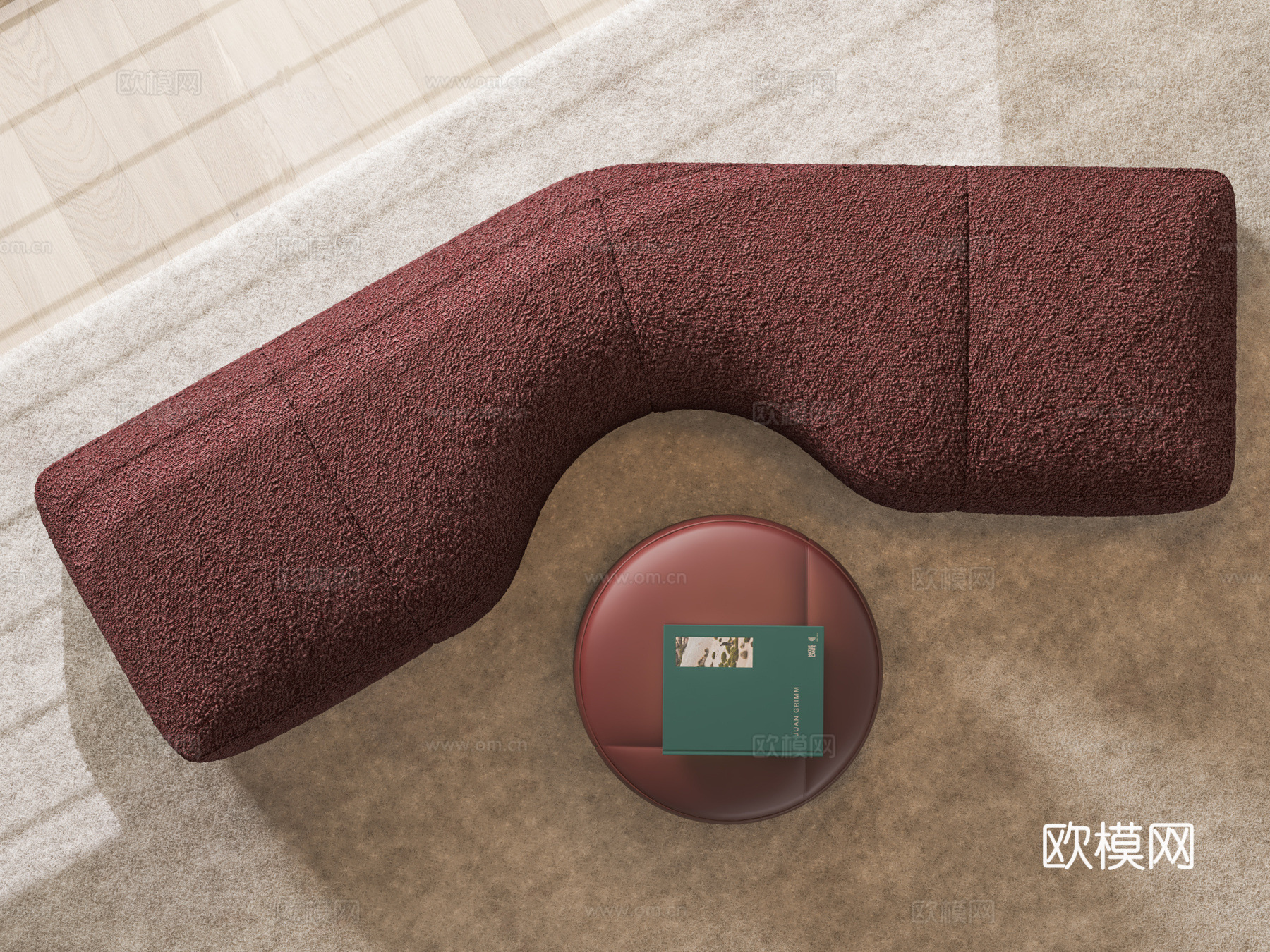 Minotti YVES SOFA沙发凳 弧形沙发长凳 布艺su模型