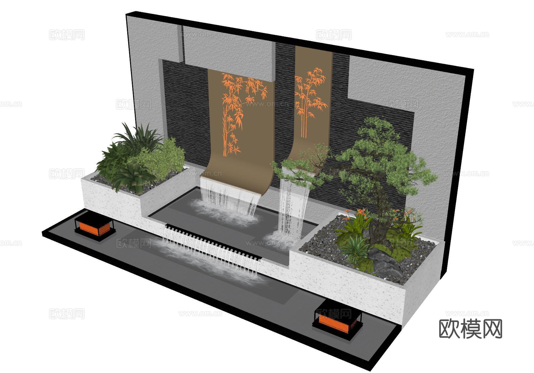 现代庭院水景 水景墙 叠水 景观植物 景观小品 鱼池su模型
