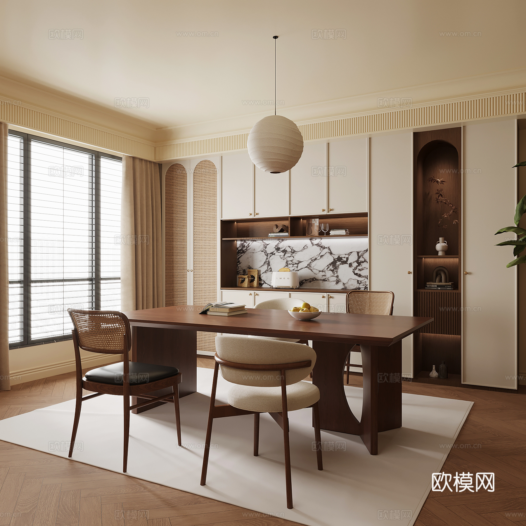 餐厅 中古风餐厅 酒柜 餐桌椅组合3d模型