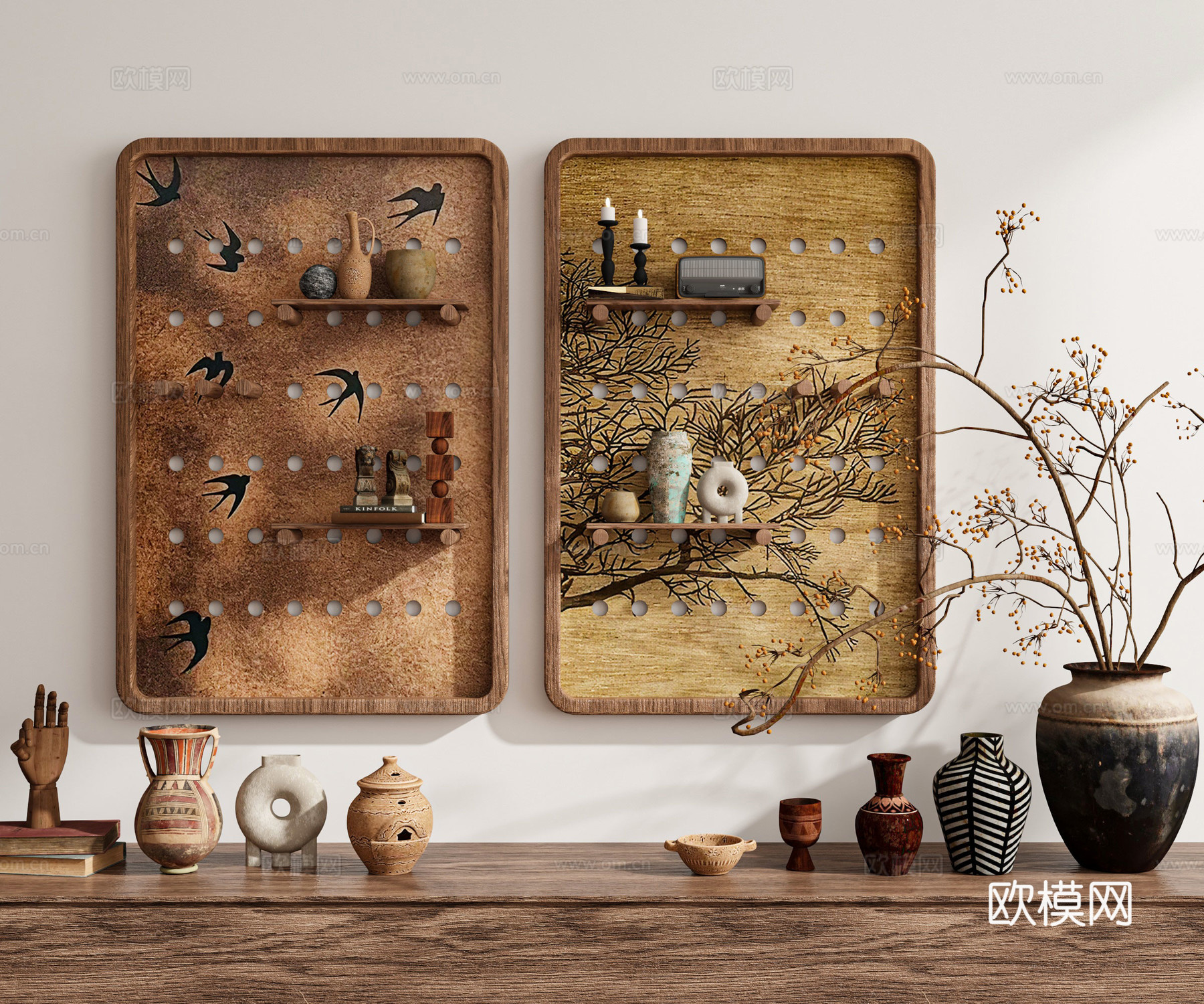 现代复古侘寂中古风新中式禅意挂画墙饰装饰画组合陈设品绿植3d模型