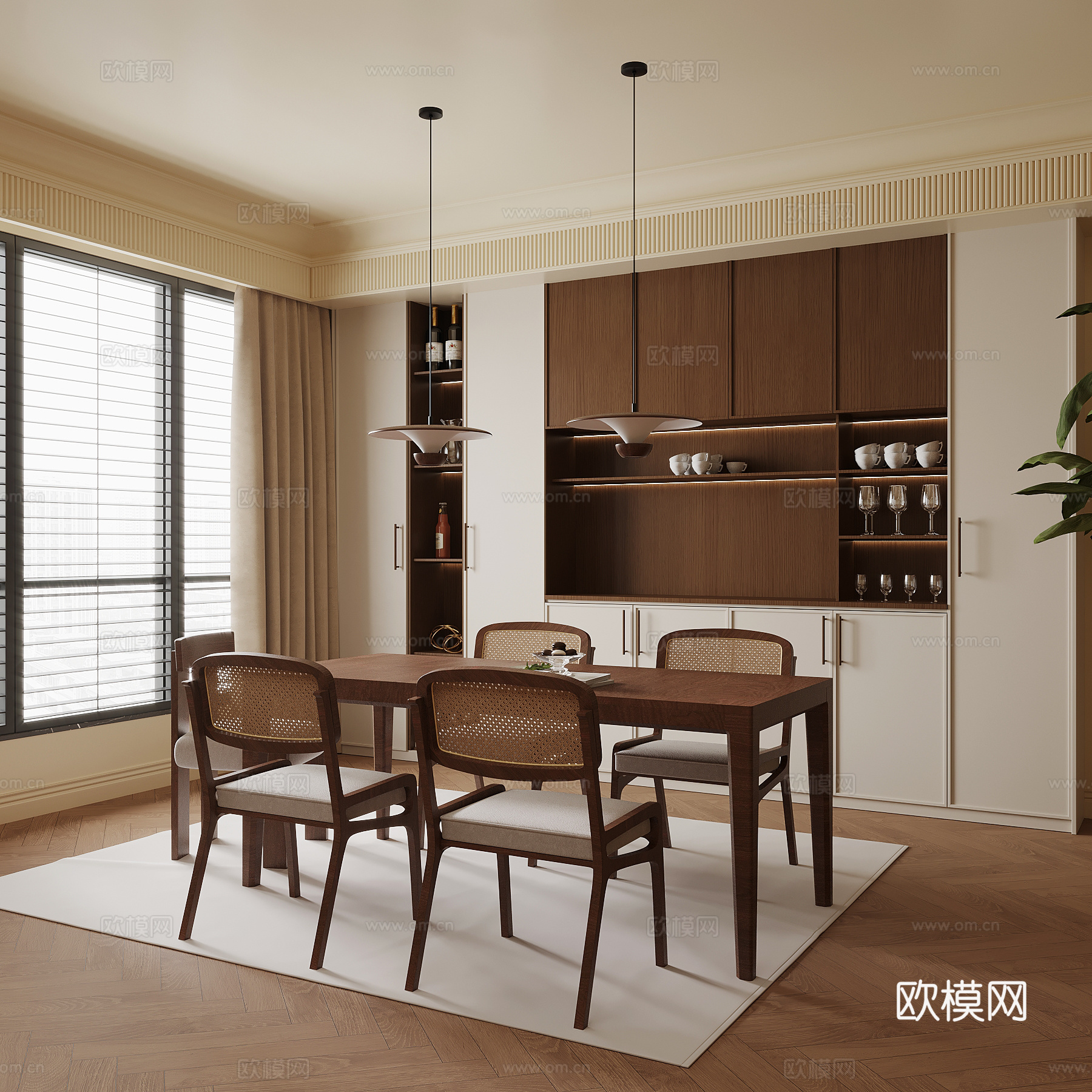 餐厅 中古风餐厅 酒柜 餐桌椅组合3d模型