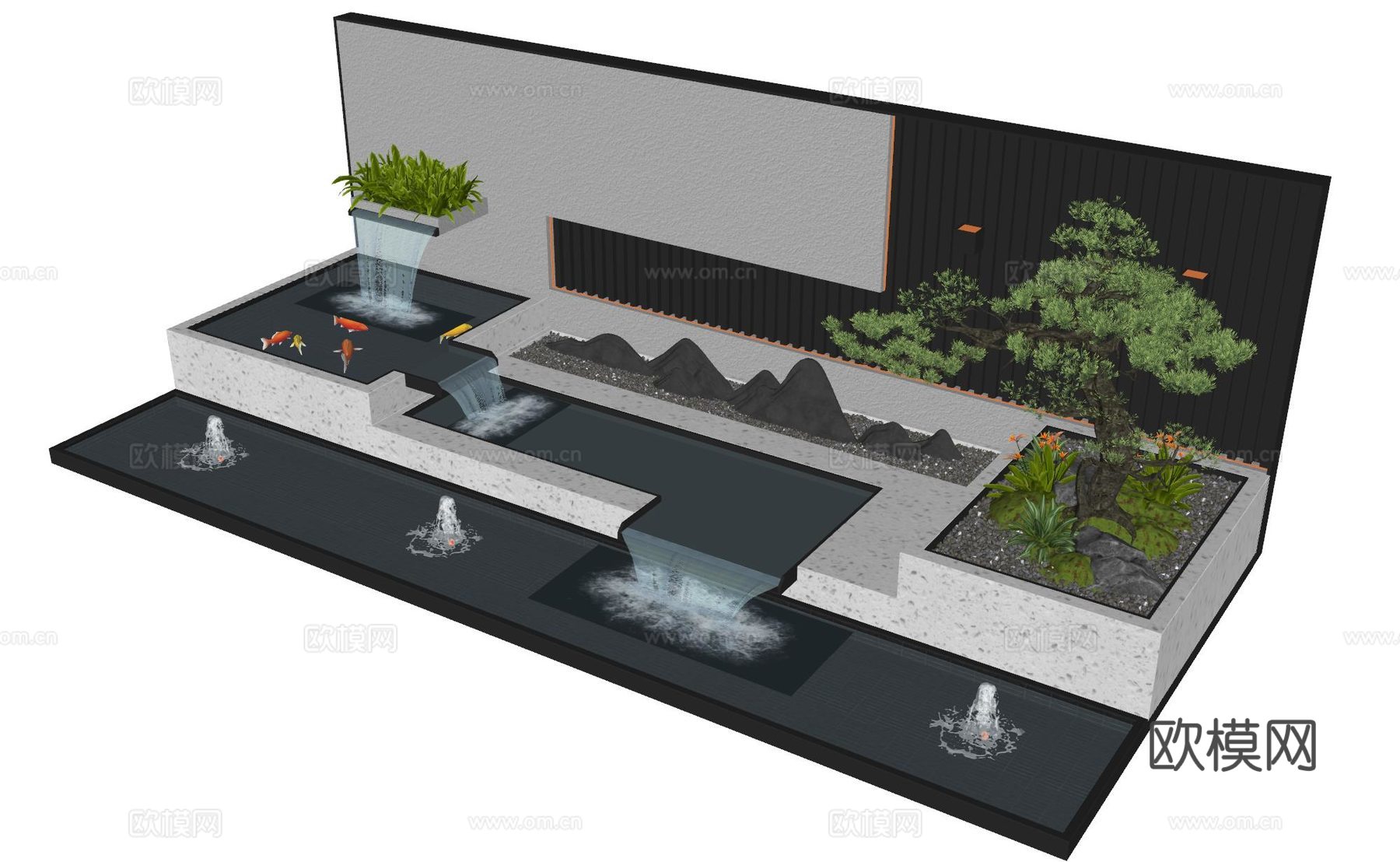 现代庭院水景 水景墙 叠水 景观植物 景观小品 鱼池su模型