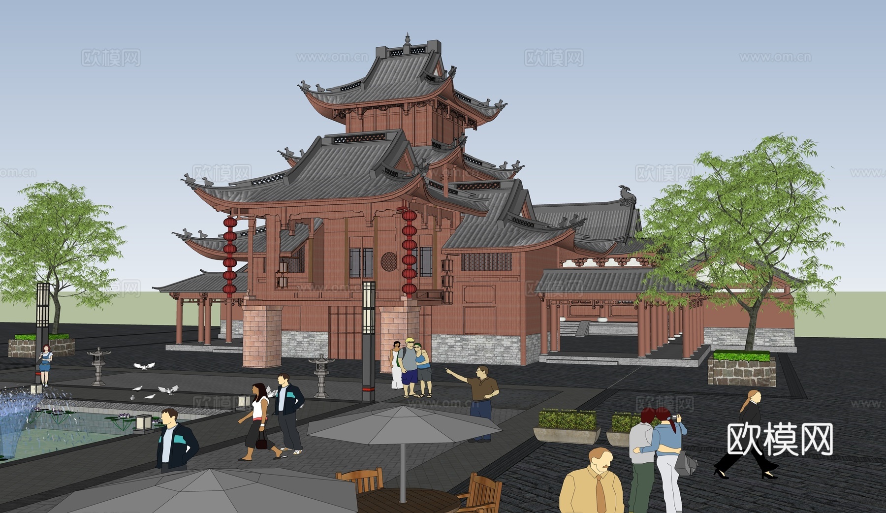 中式庙宇 合园建筑 庭院景观su模型下载（渲染图3）