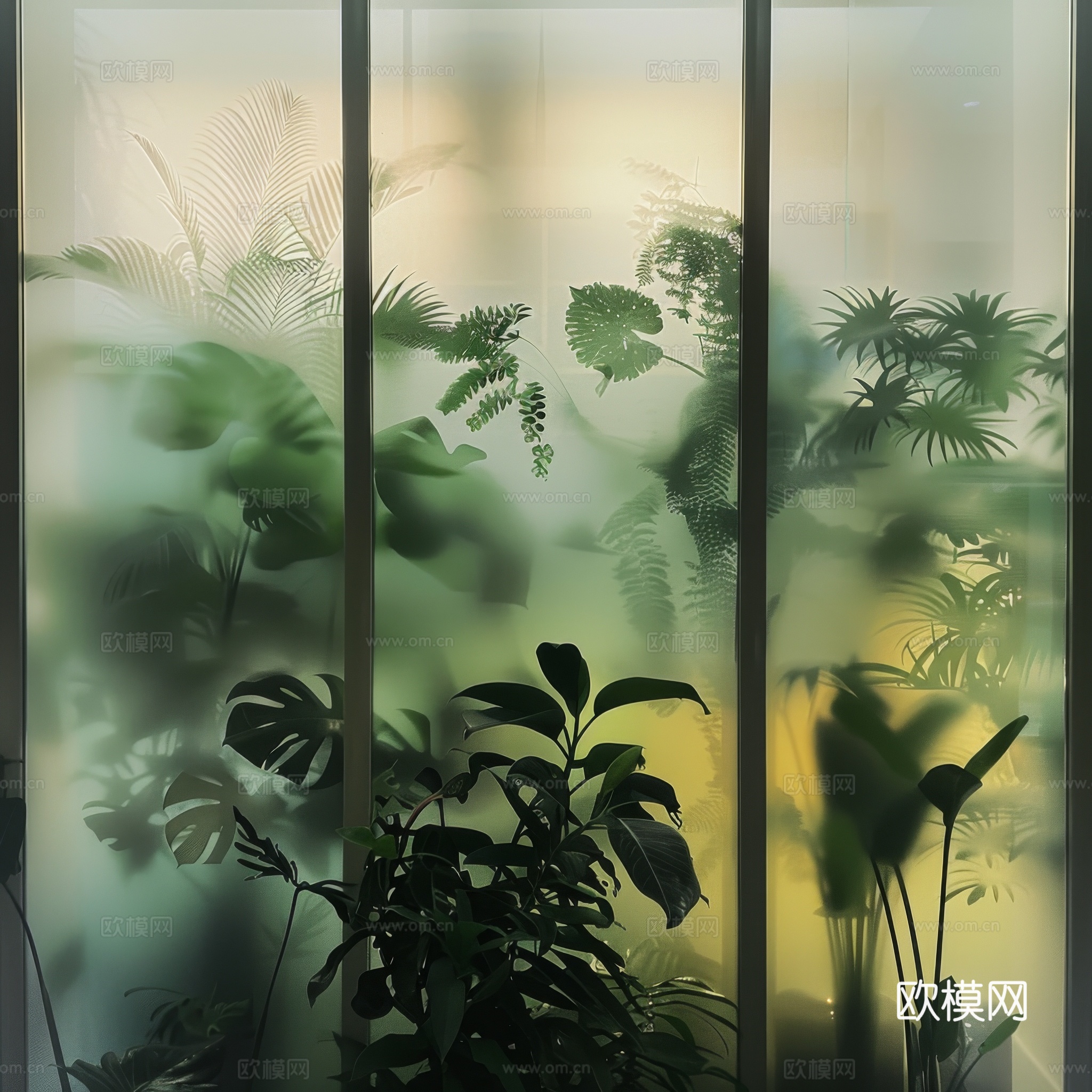 夹丝磨砂玻璃幕墙植物隔断