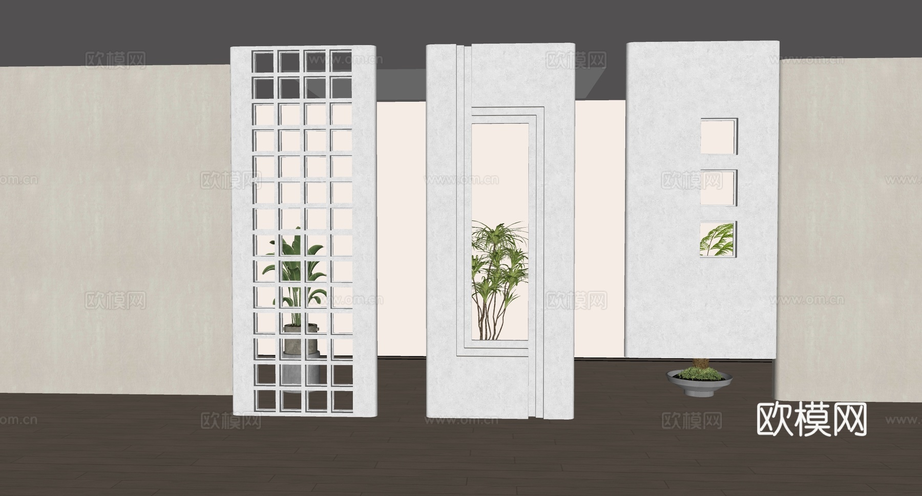 现代侘寂风客厅石质隔断组合su模型下载（渲染图2）