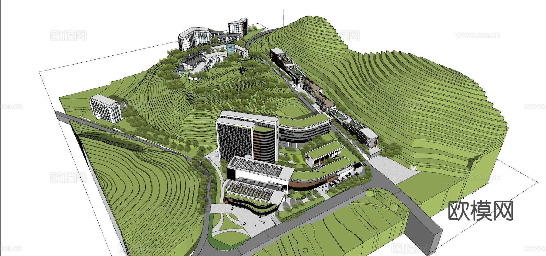 县中医院+酒店商业街 山地现代 模型su模型