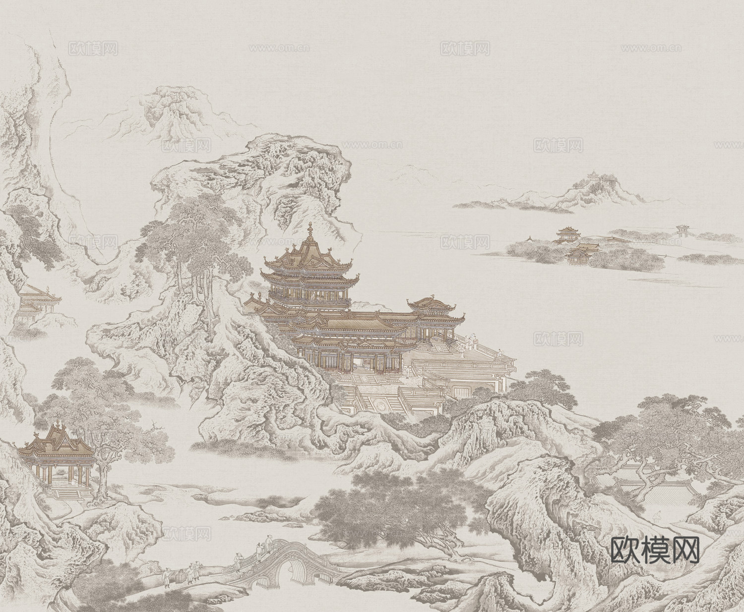 新中式高清背景墙壁画_亭台楼阁贴图