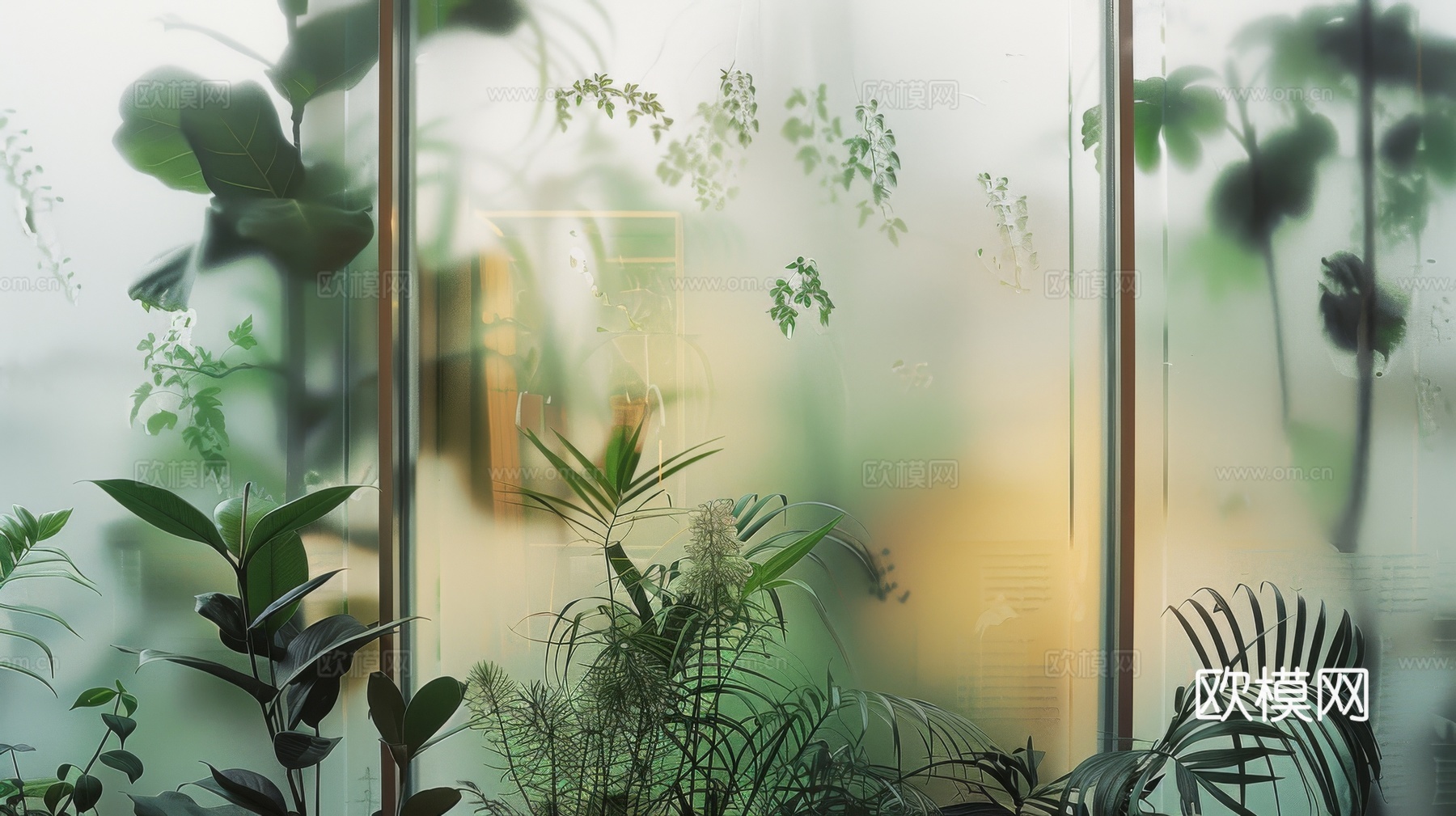 夹丝磨砂玻璃幕墙植物隔断下载（渲染图5）