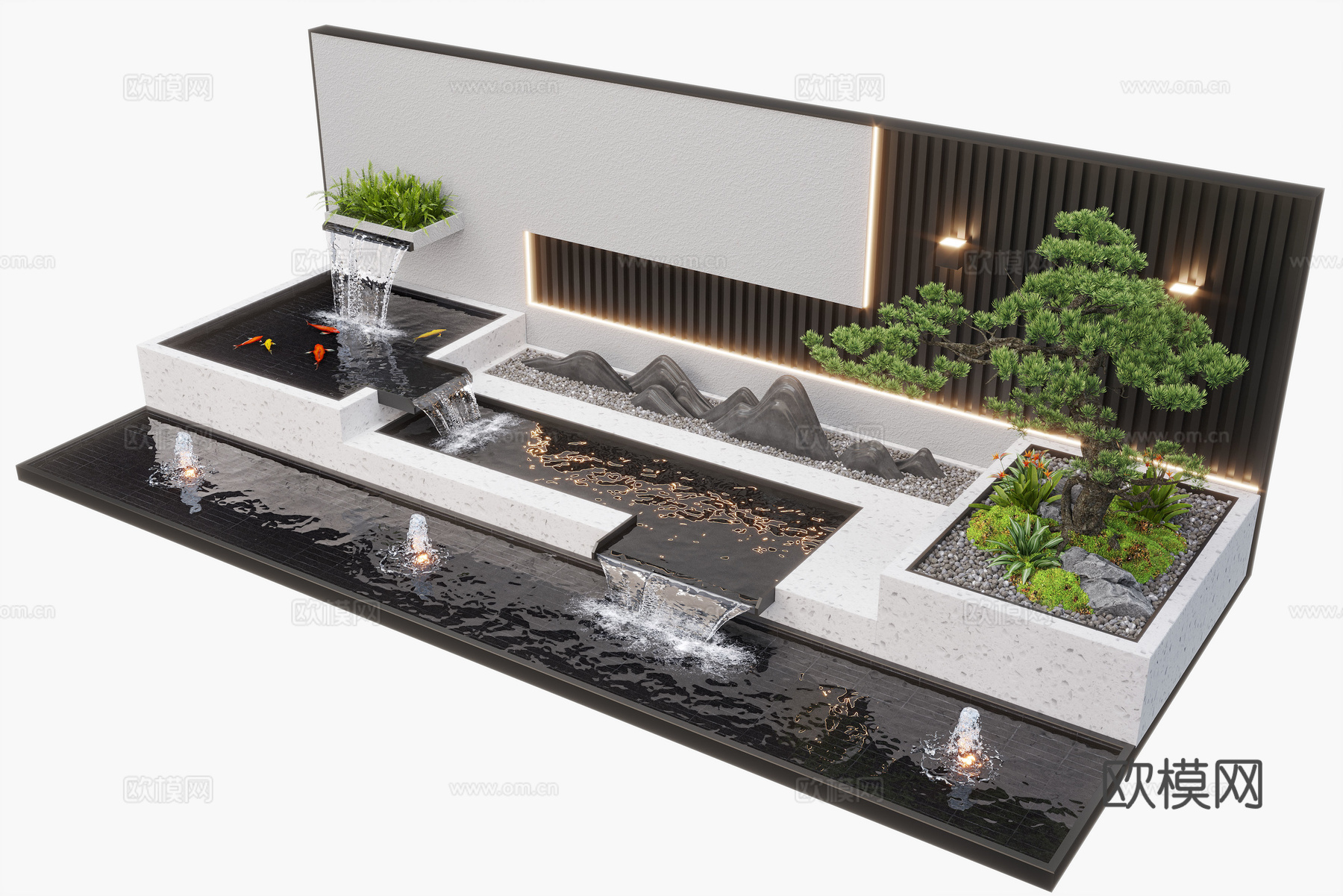 现代庭院水景 水景墙 叠水 景观植物 景观小品 鱼池3d模型