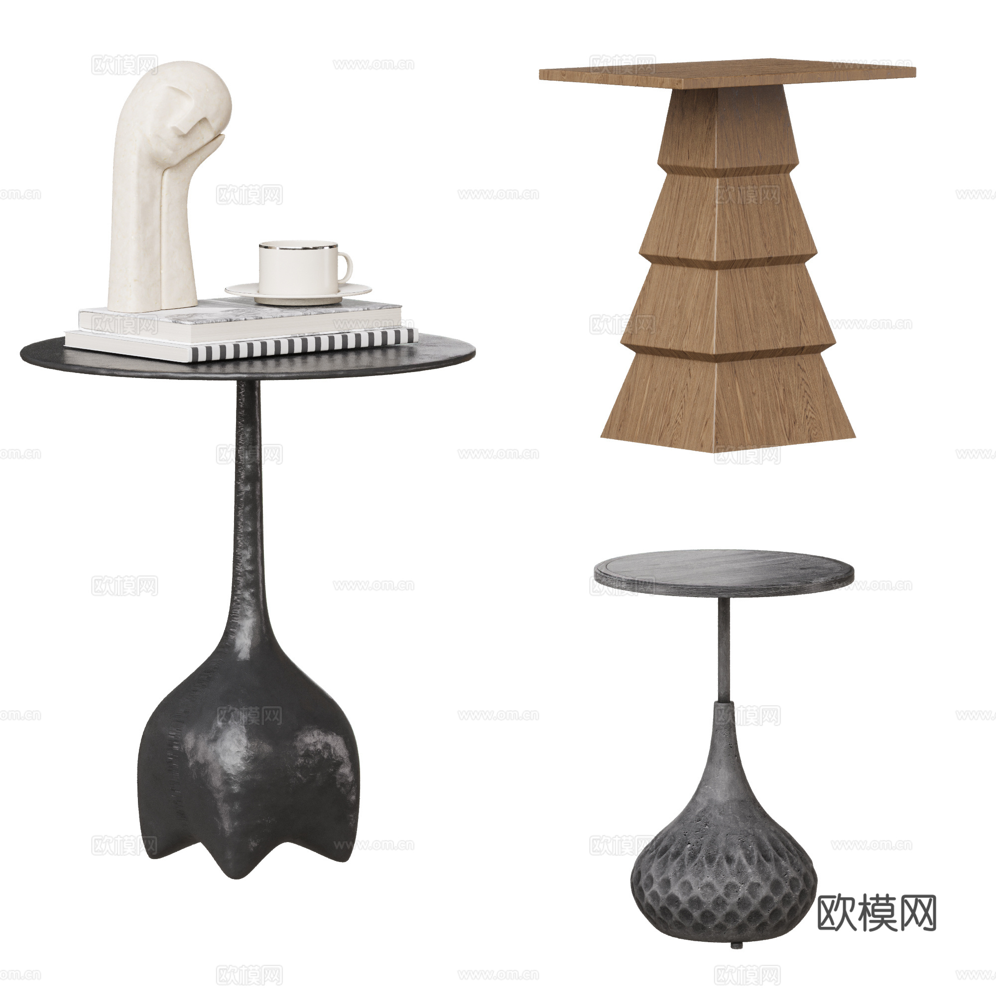 中古风边几组合 小圆几 木边几 石材边几 金属边几 摆件su模型