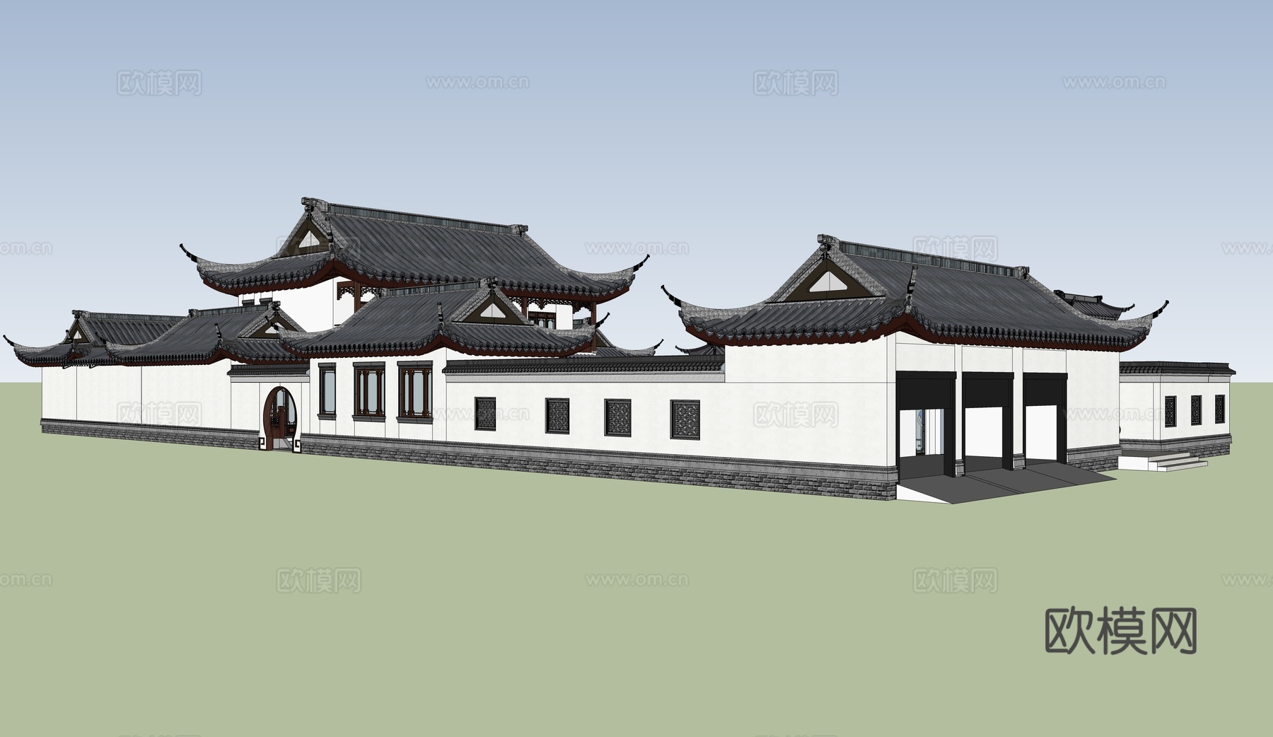中式合园别墅 合园建筑 月亮门su模型