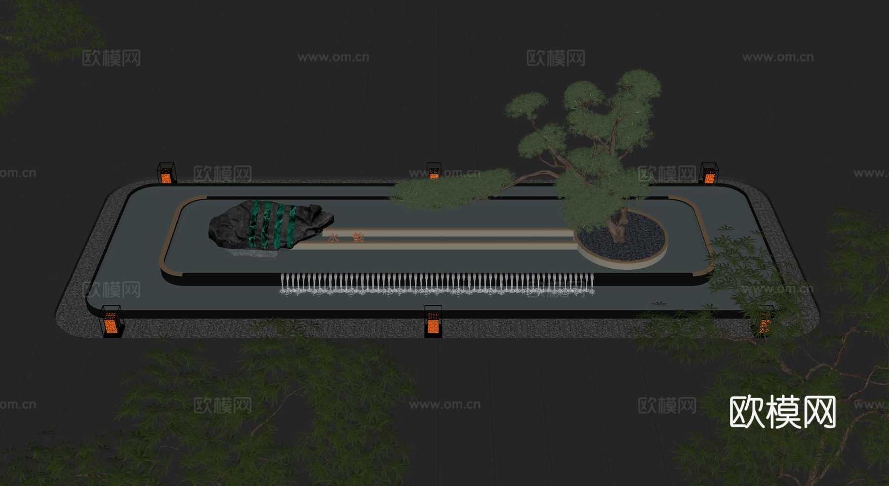 现代水景观 庭院水景 水钵叠水 跌水su模型