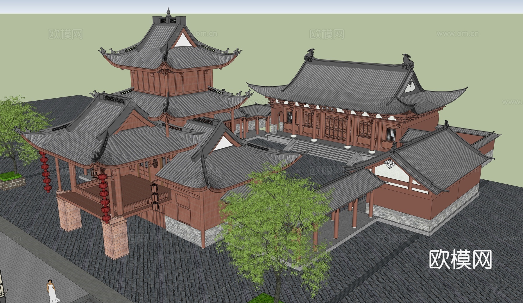 中式庙宇 合园建筑 庭院景观su模型下载（渲染图2）