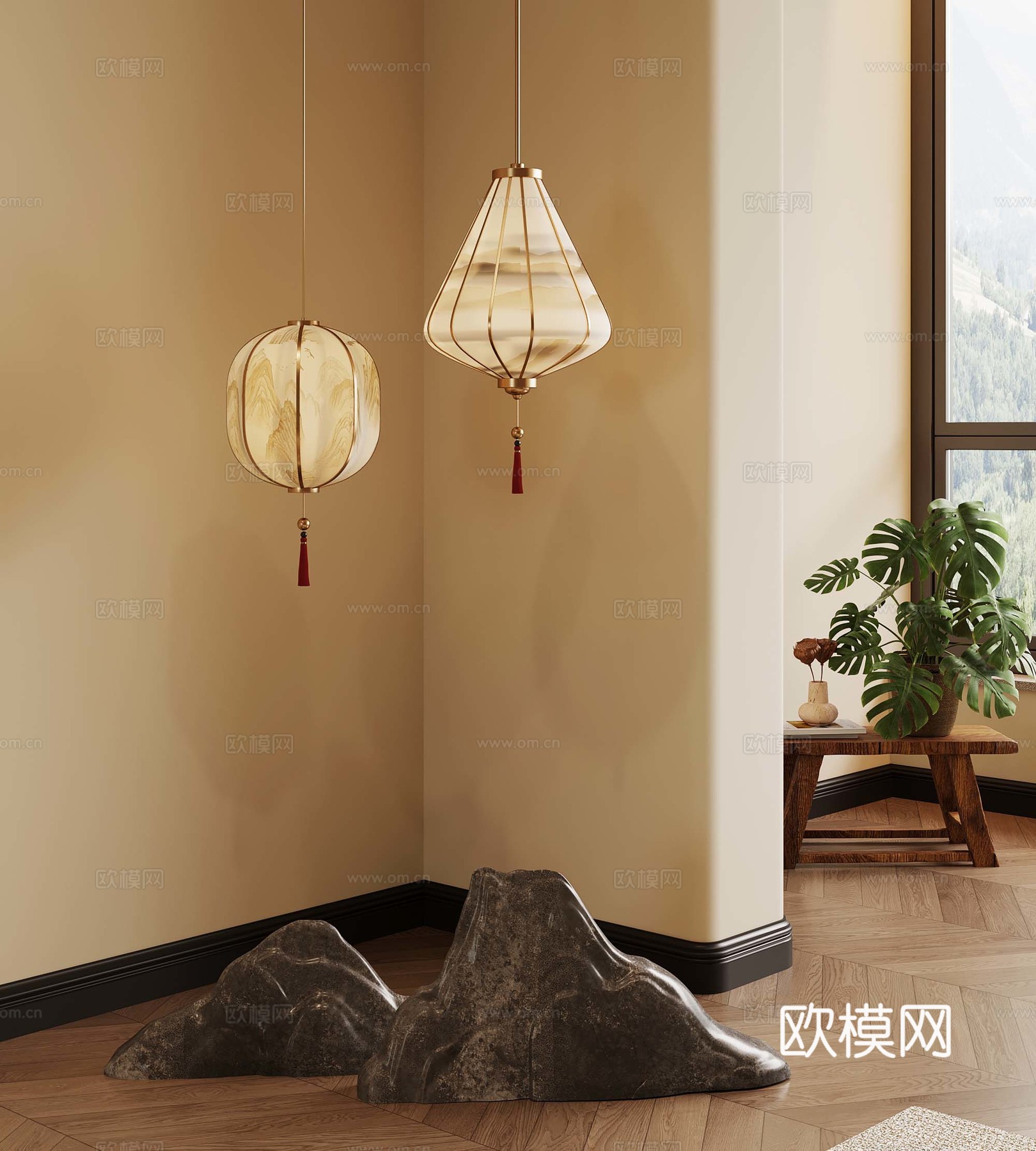 新中式吊灯 绿植盆栽 石头su模型