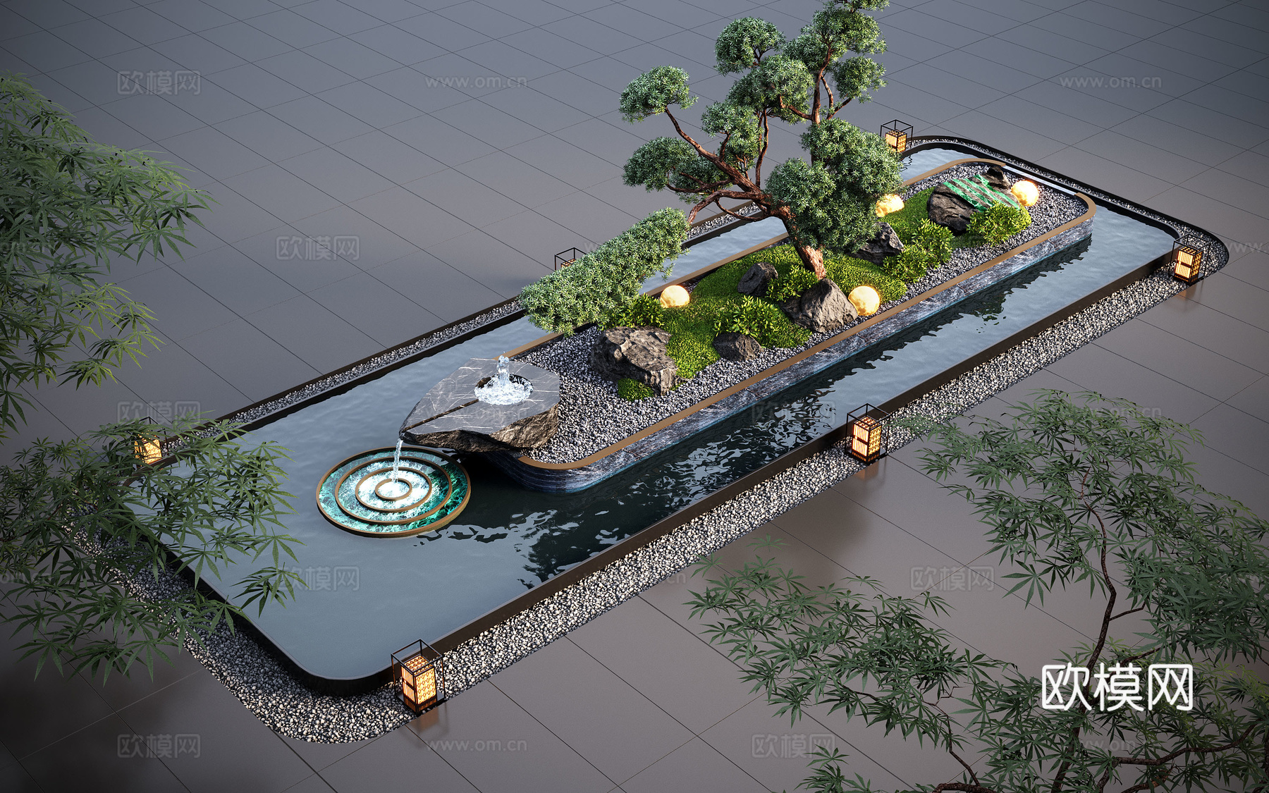 现代水景观 庭院水景 水钵叠水 跌水3d模型