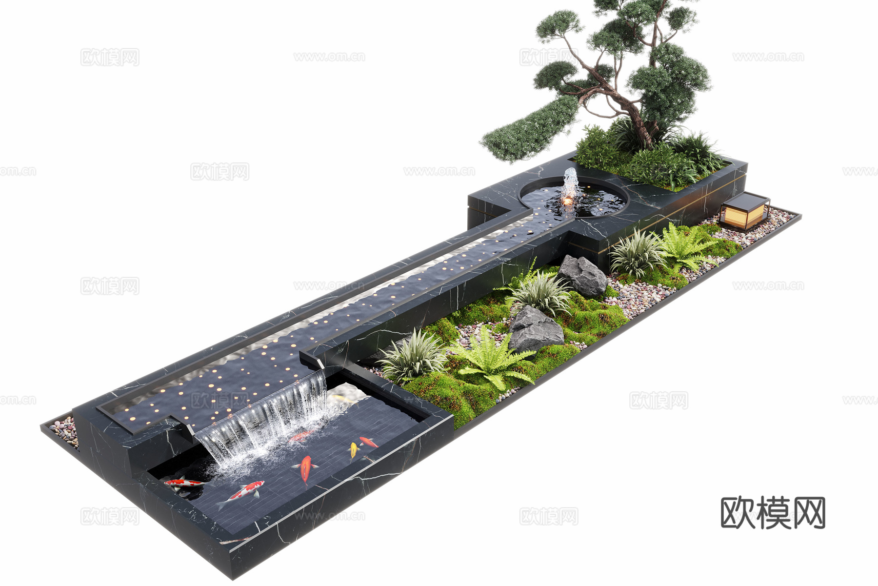 现代水景观 庭院水景 水钵叠水 跌水3d模型