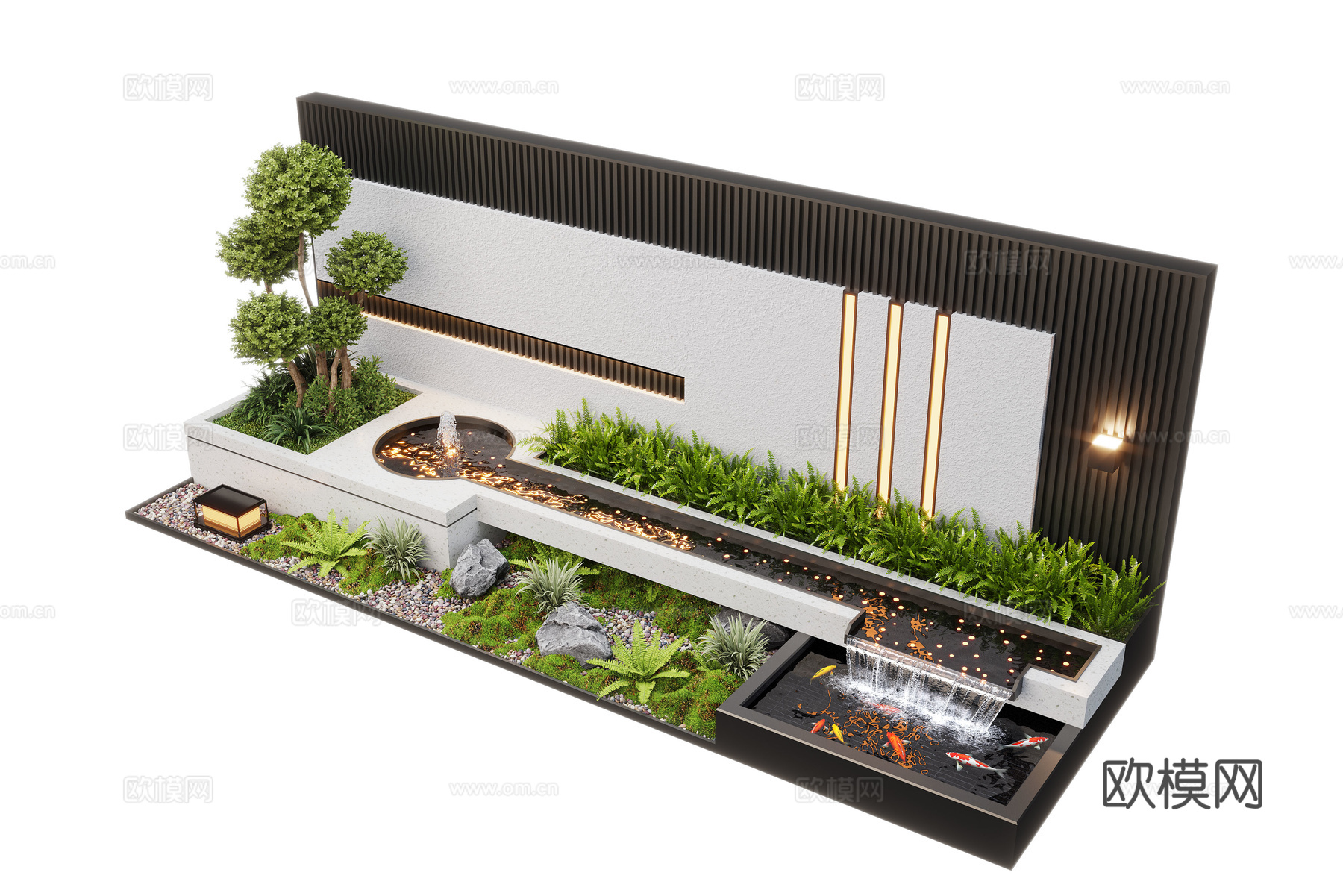 现代庭院水景 水景墙 叠水 景观植物 景观小品 鱼池su模型