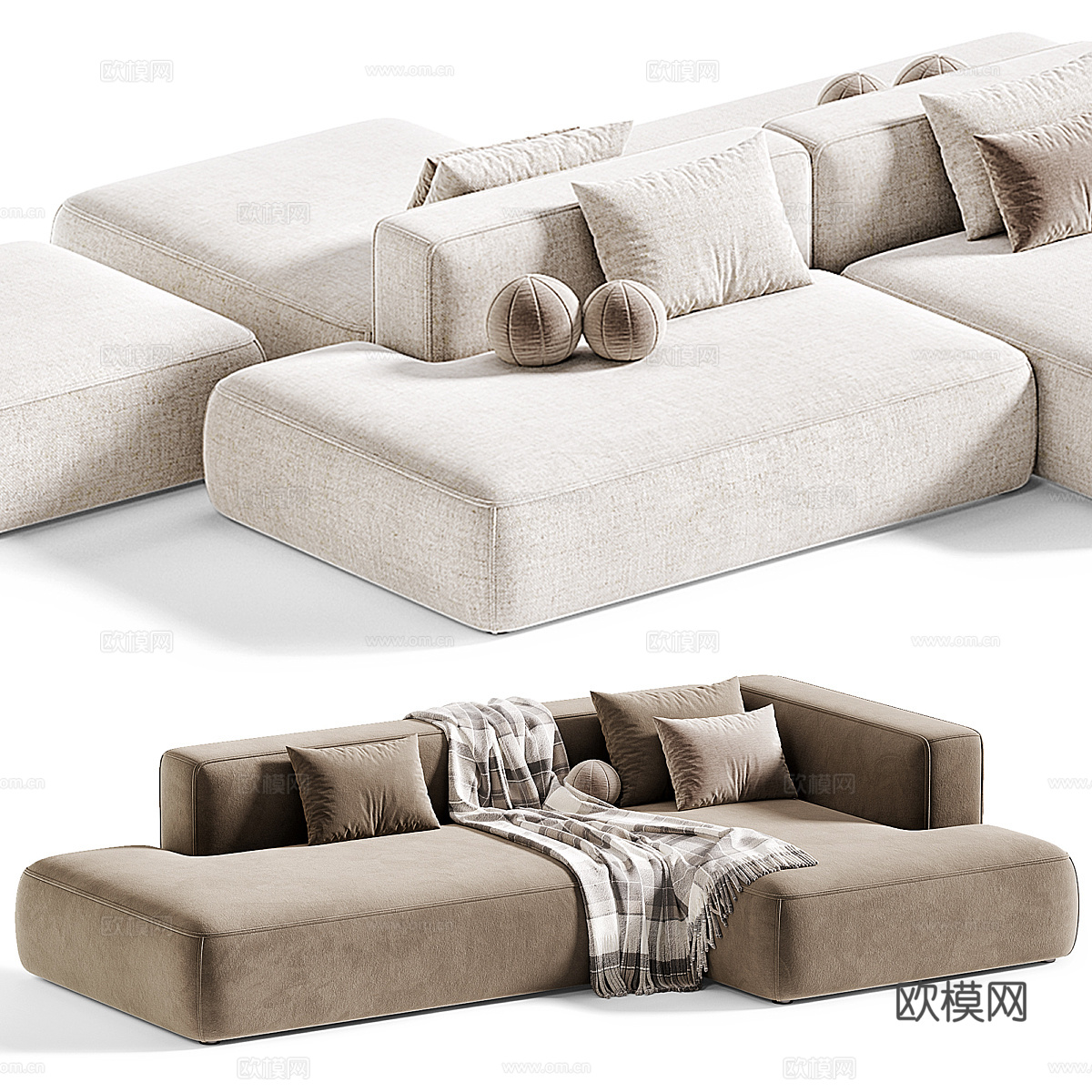 现代奶油风布艺组合沙发3d模型