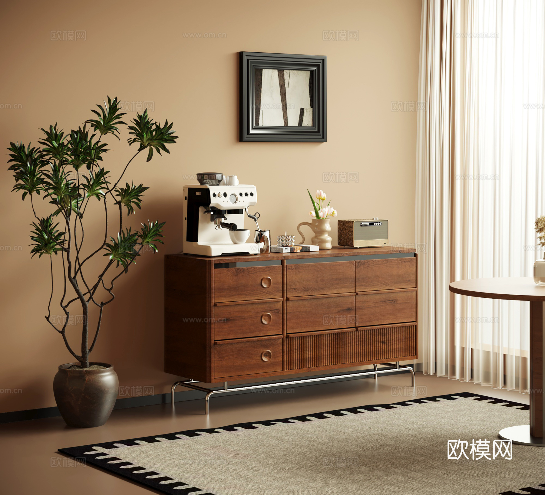 餐边柜 中古风从餐边柜 边柜 矮柜 绿植3d模型