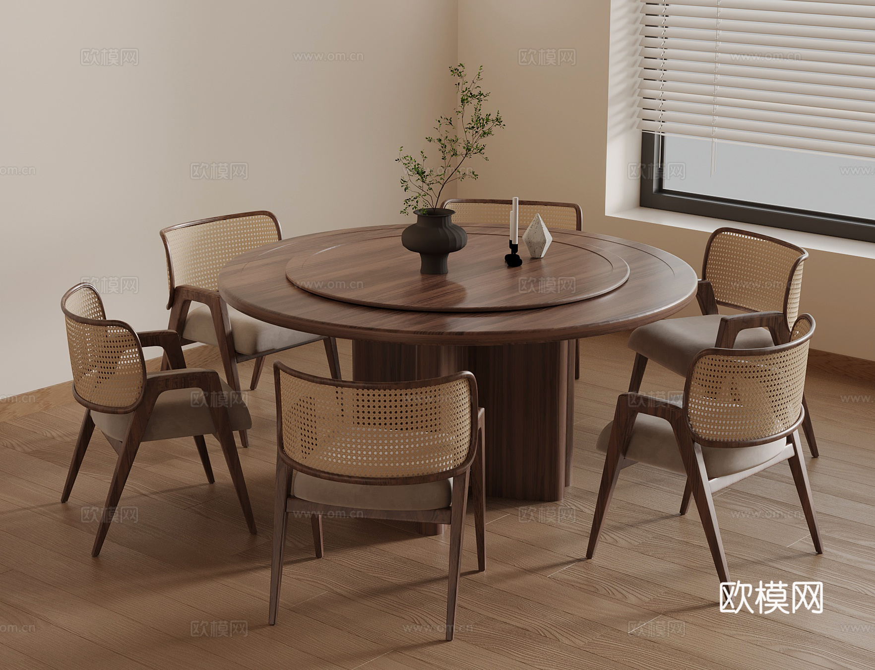 侘寂风圆形餐桌椅su模型