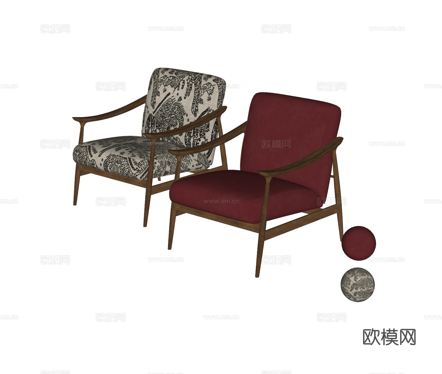 中古风休闲椅 沙发椅 布艺休闲椅 扶手椅 木椅 红色休闲椅su模型