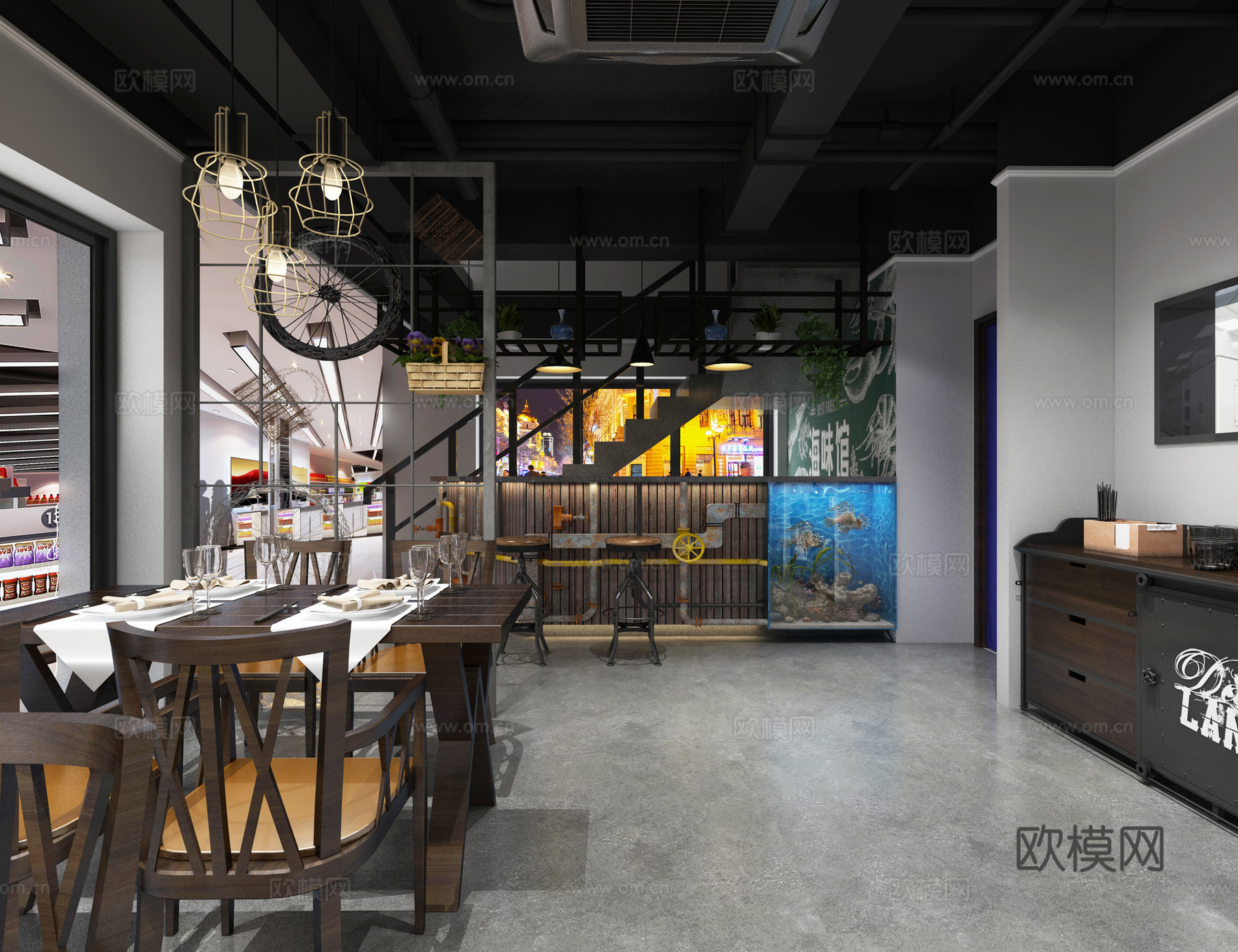 工业风海鲜馆 吧台 餐桌 挂件3d模型