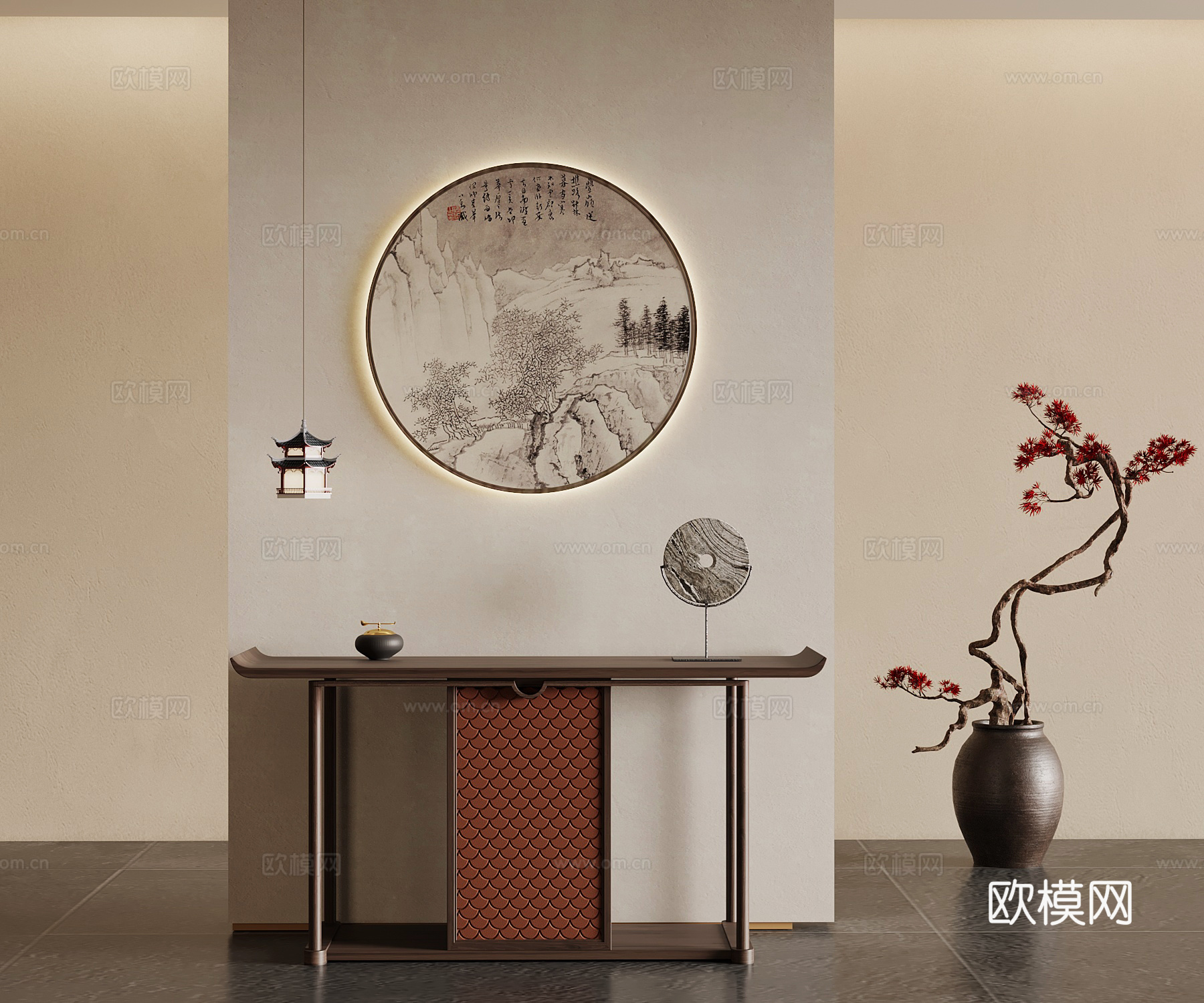 玄关背景墙 新中式端景台 装饰画3d模型