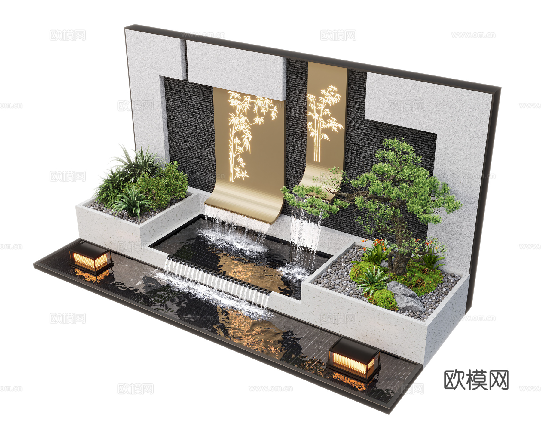 现代庭院水景 水景墙 叠水 景观植物 景观小品 鱼池su模型