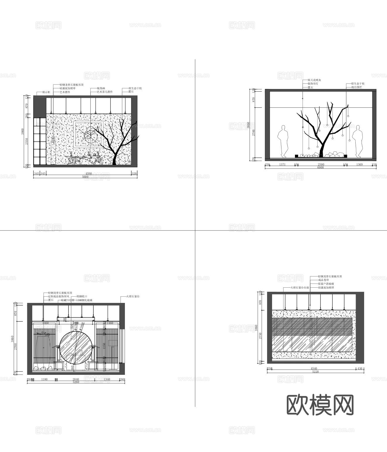新中式茶馆平面图 立面图cad施工图