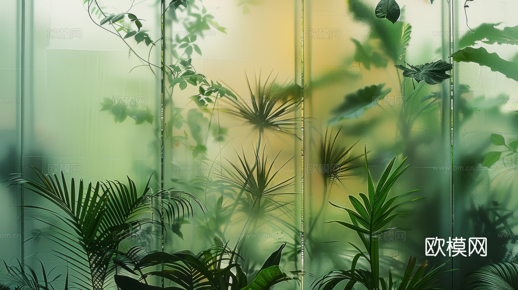 夹丝磨砂玻璃幕墙植物隔断下载（渲染图4）