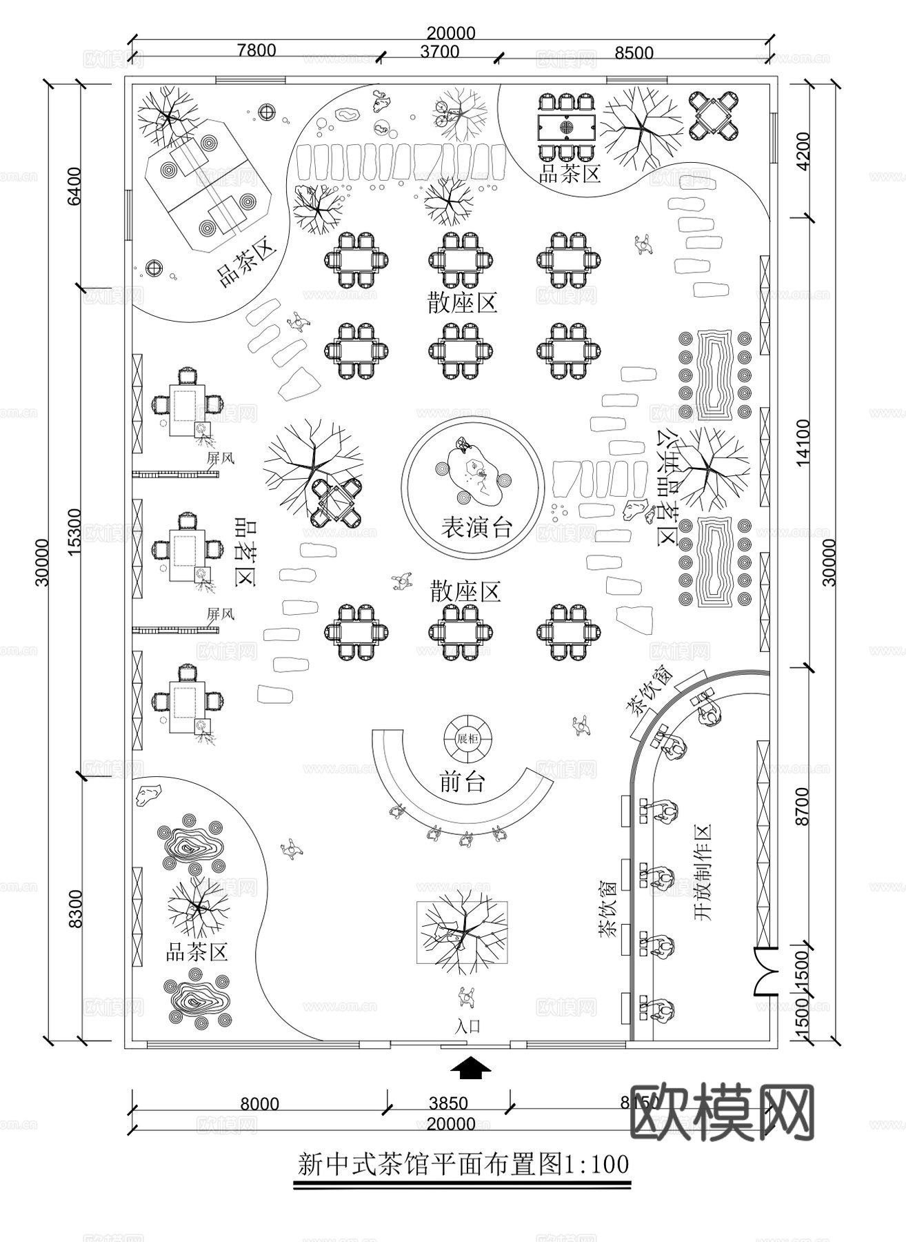 新中式茶馆平面图 立面图cad施工图