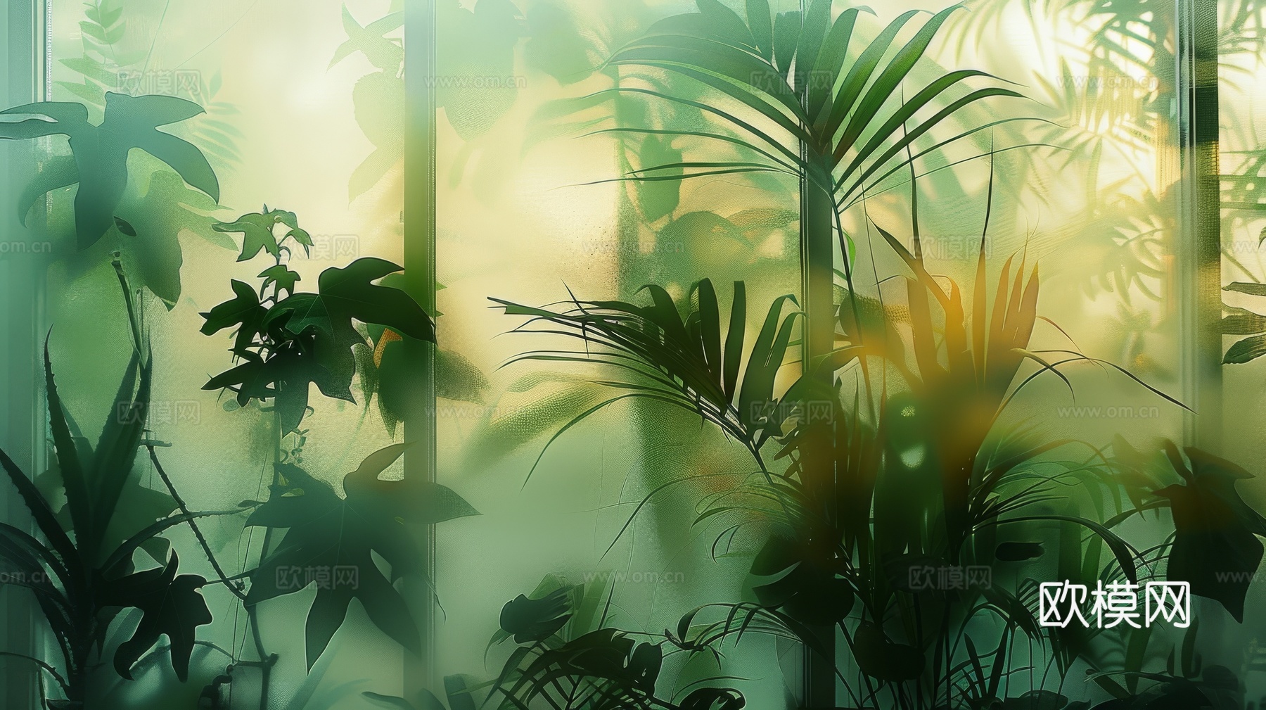 夹丝磨砂玻璃幕墙植物隔断下载（渲染图7）