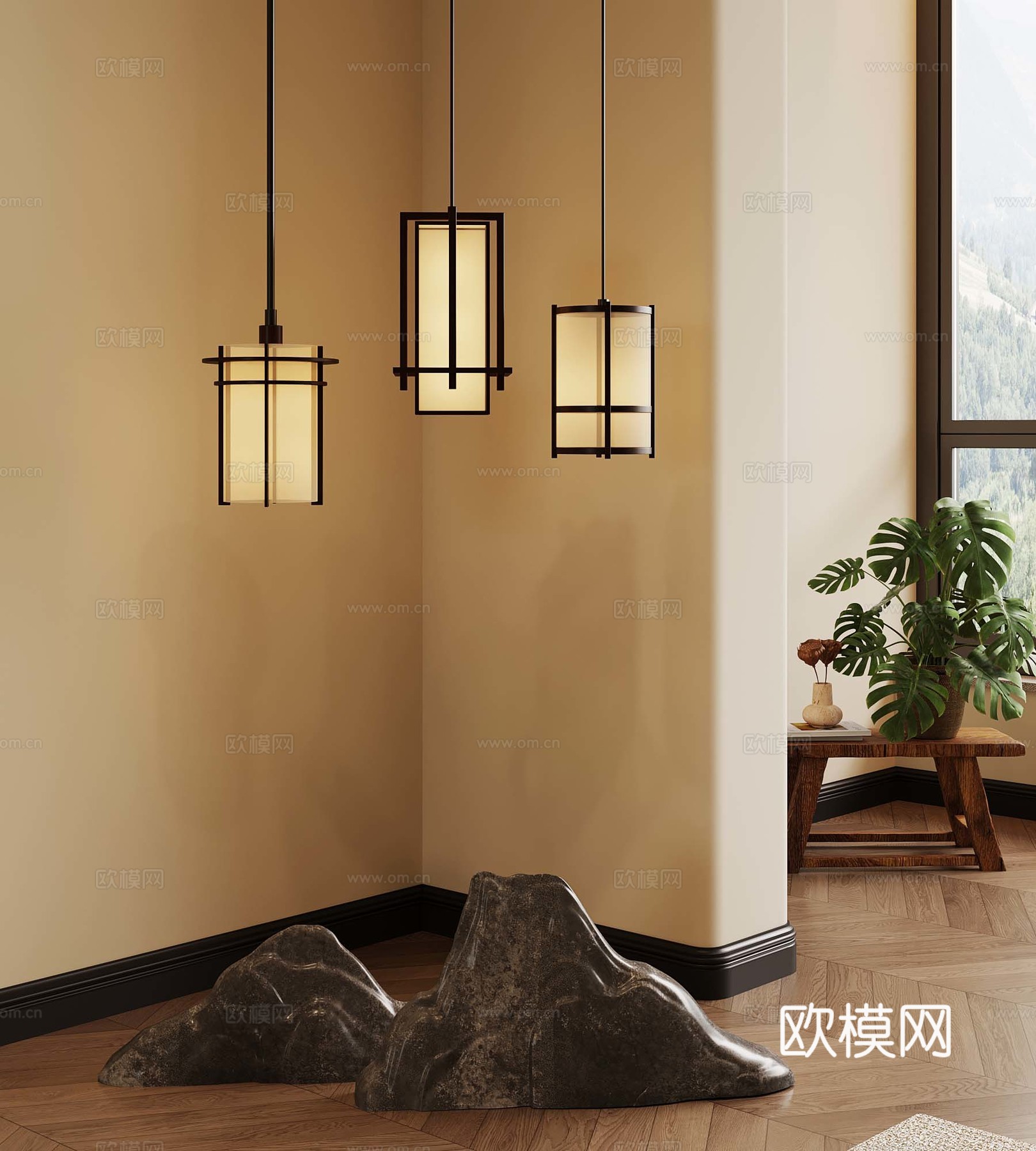 新中式吊灯 绿植盆栽 石头su模型