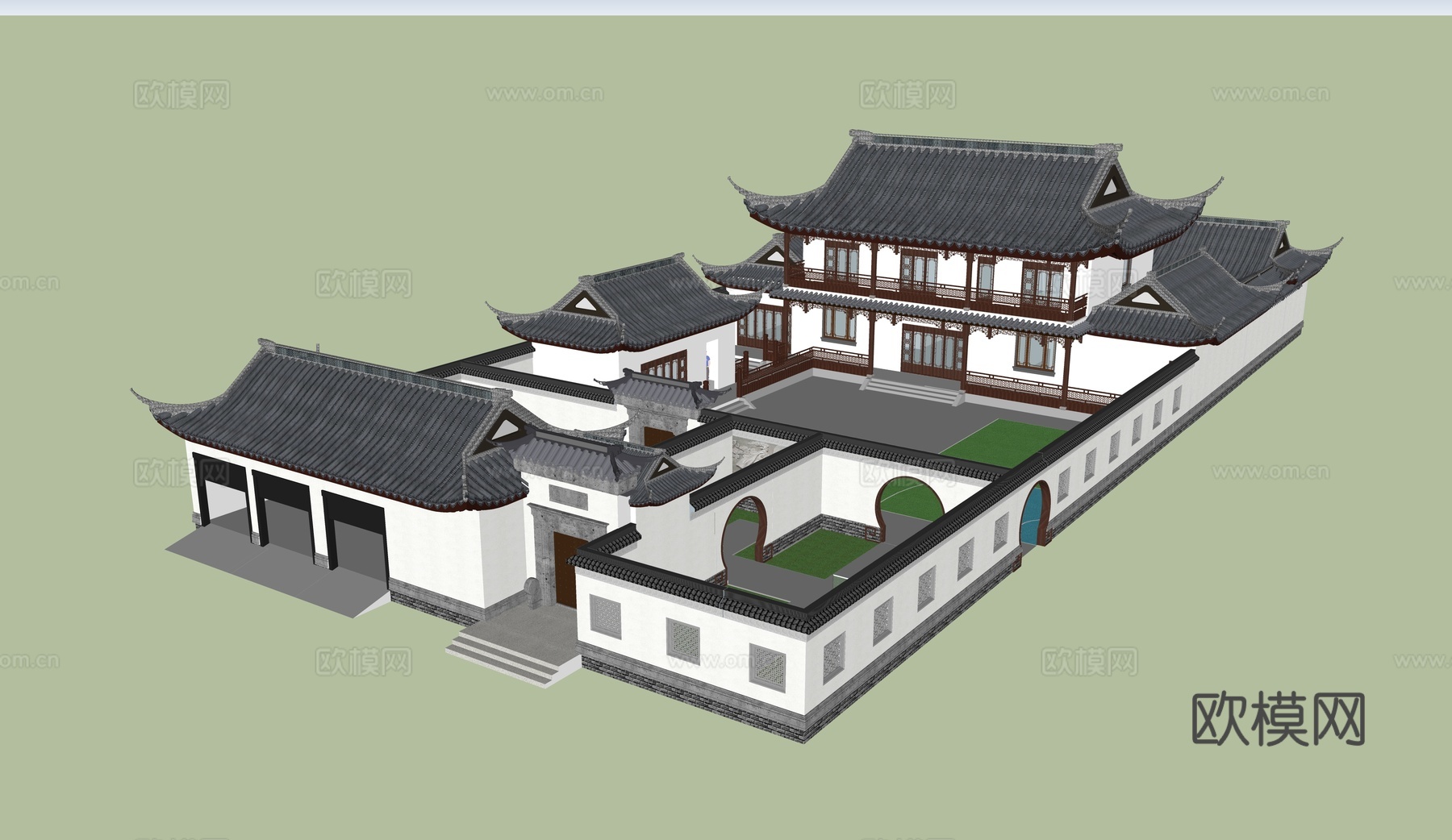 中式合园别墅 合园建筑 月亮门su模型