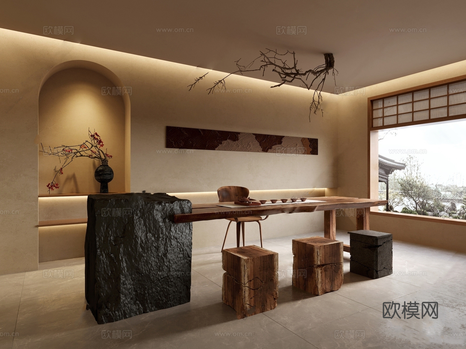 侘寂中古风茶室 茶组合 小品 枯木su模型