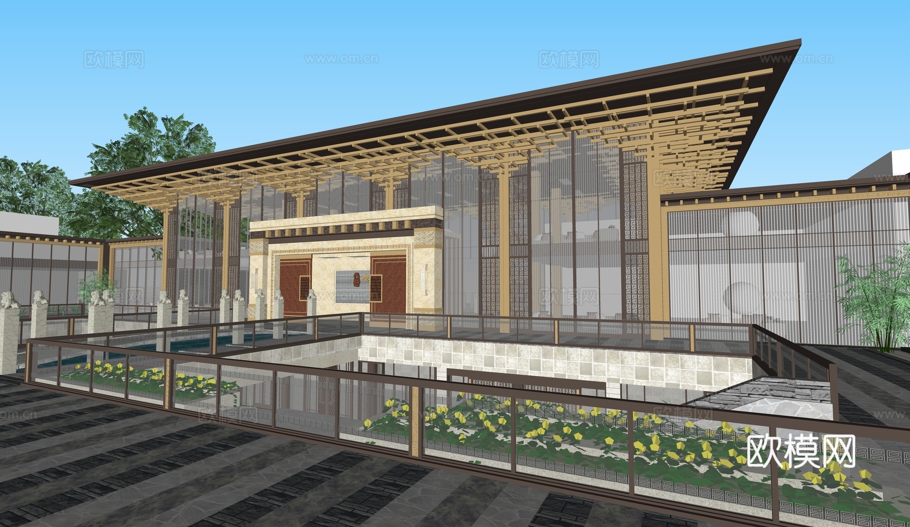 新中式售楼处 售楼部景观 私人会所 展馆建筑su模型
