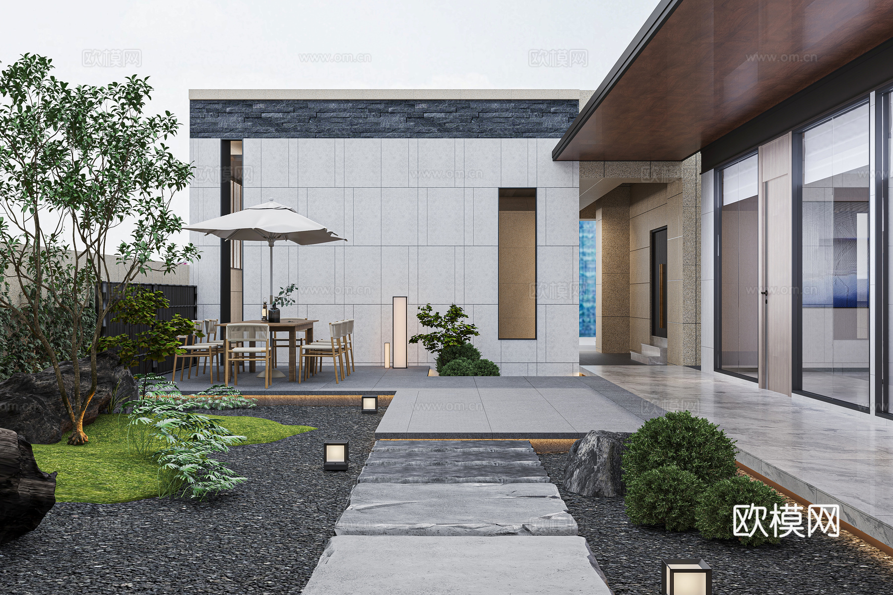 现代屋顶花园 洋房花园 别墅休闲阳台 太阳伞 枯山水su模型