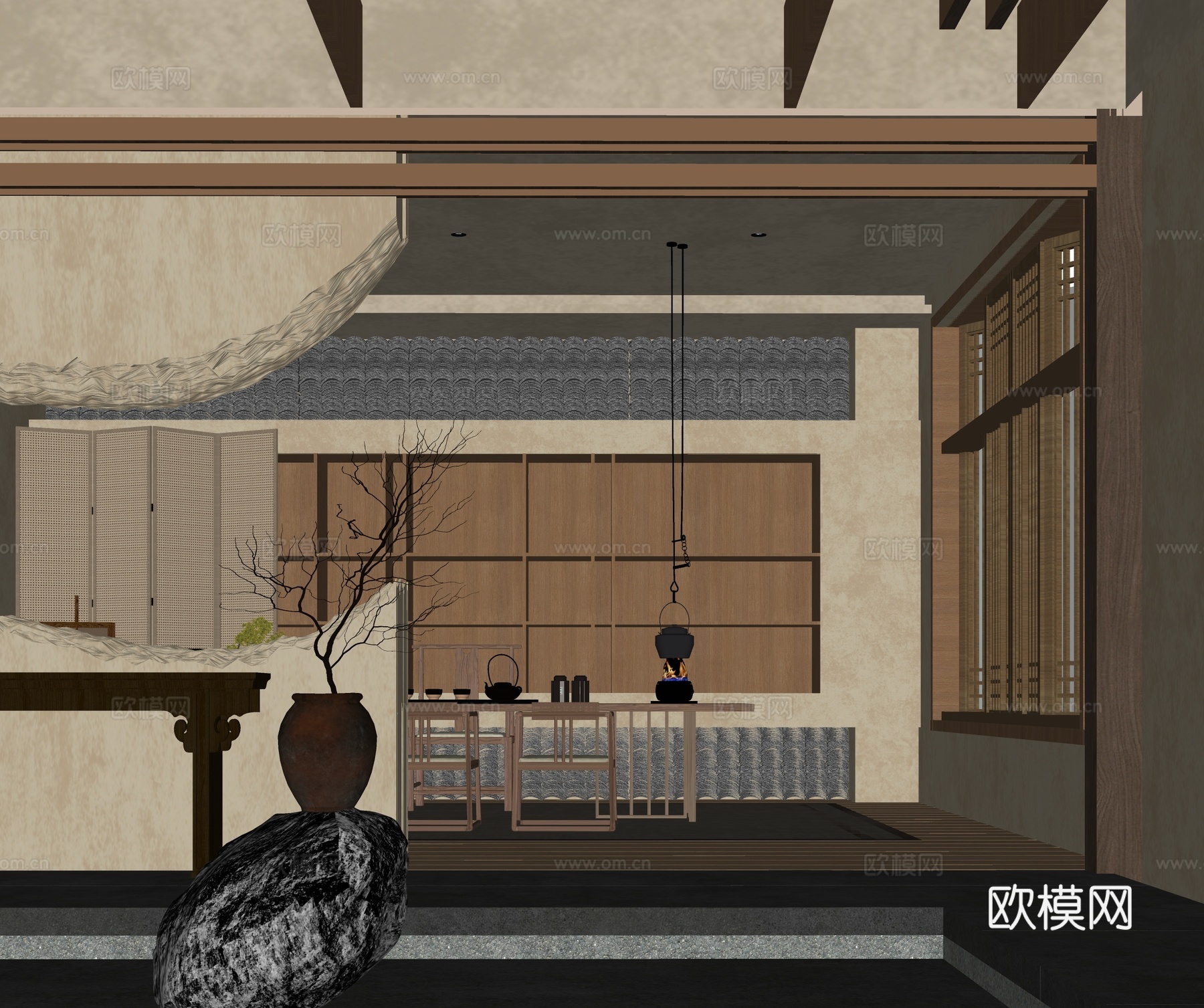 侘寂中古风茶室 茶组合 小品 枯木su模型