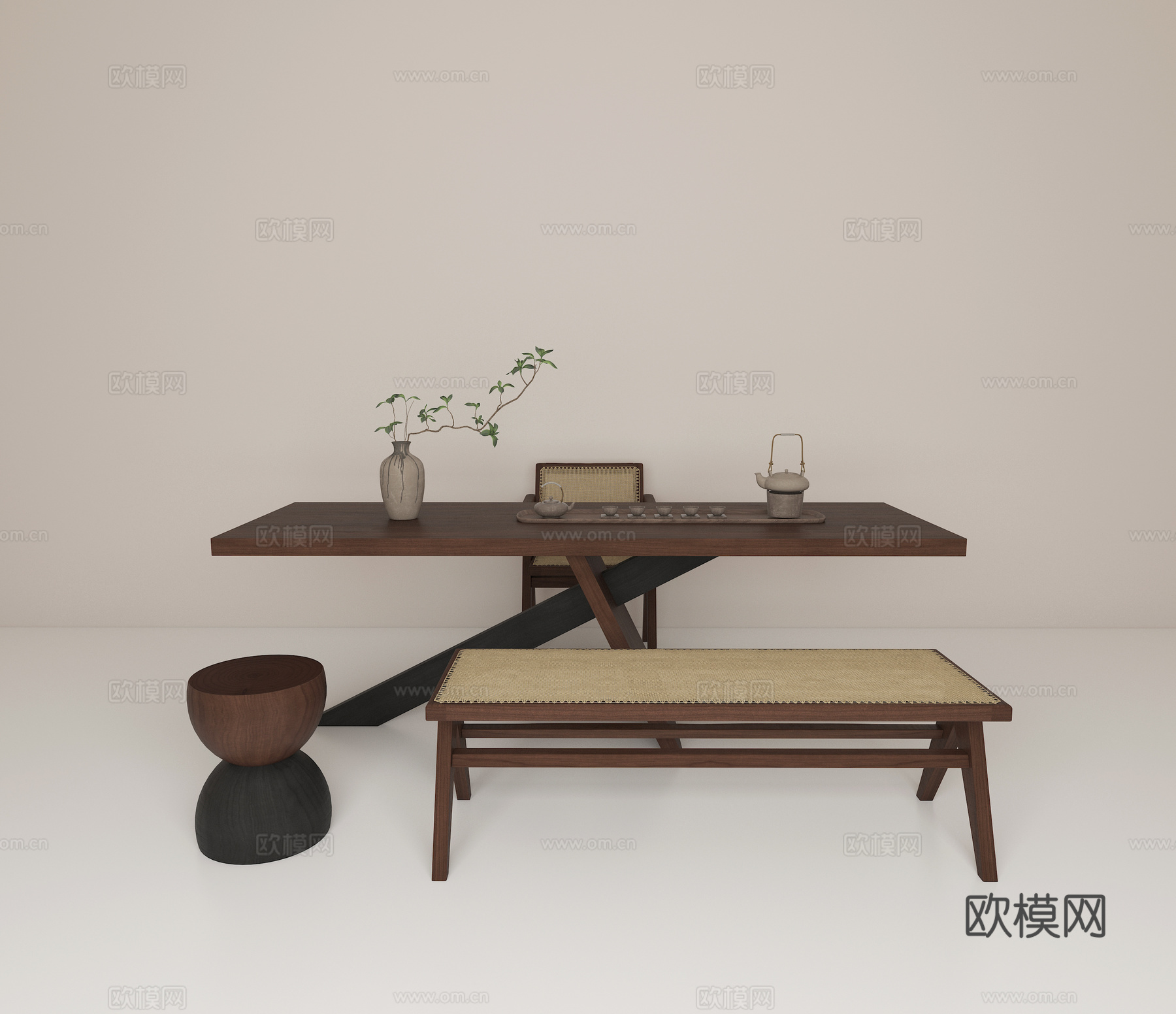 现代复古中古风茶桌椅组合3d模型