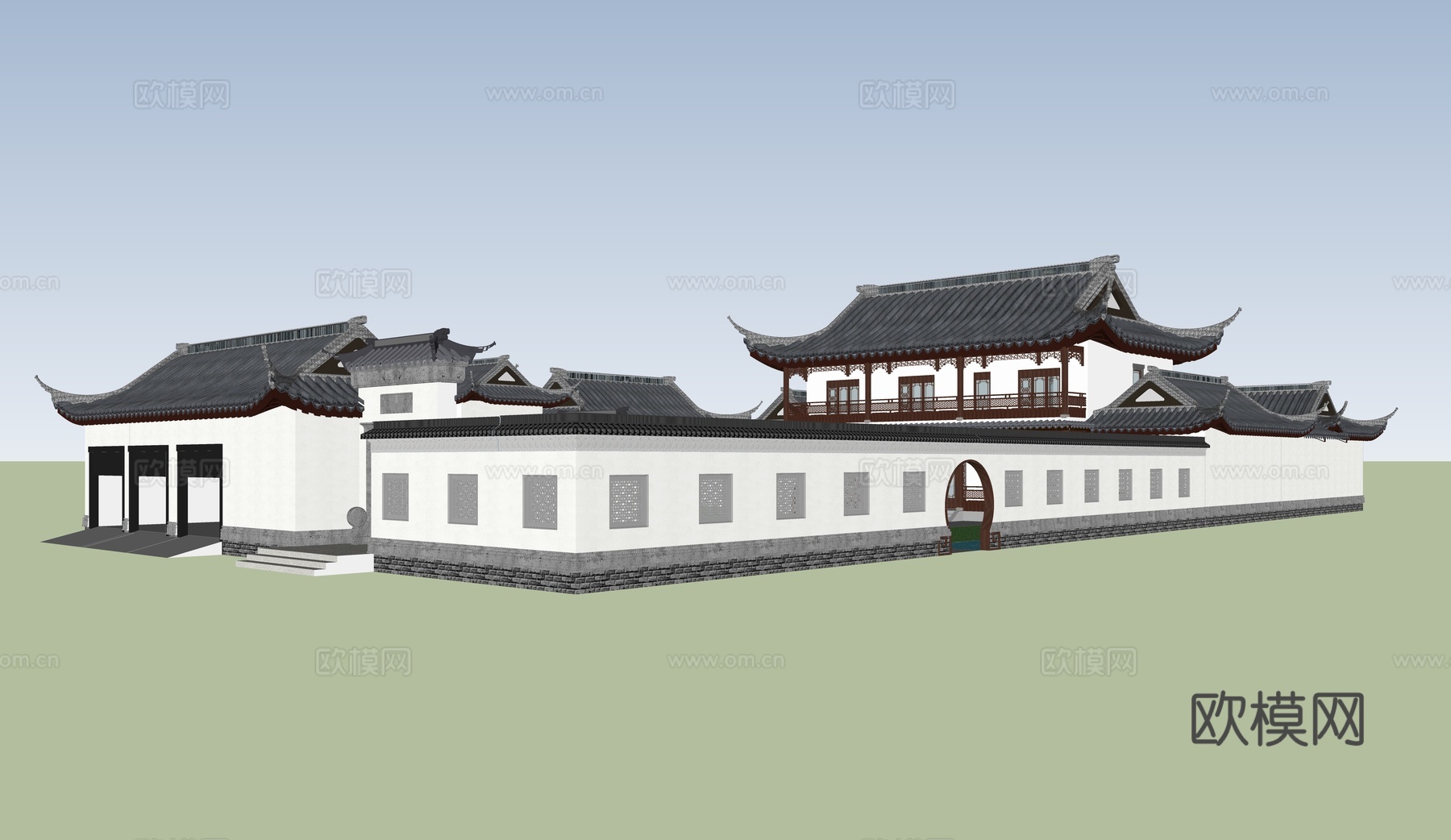 中式合园别墅 合园建筑 月亮门su模型
