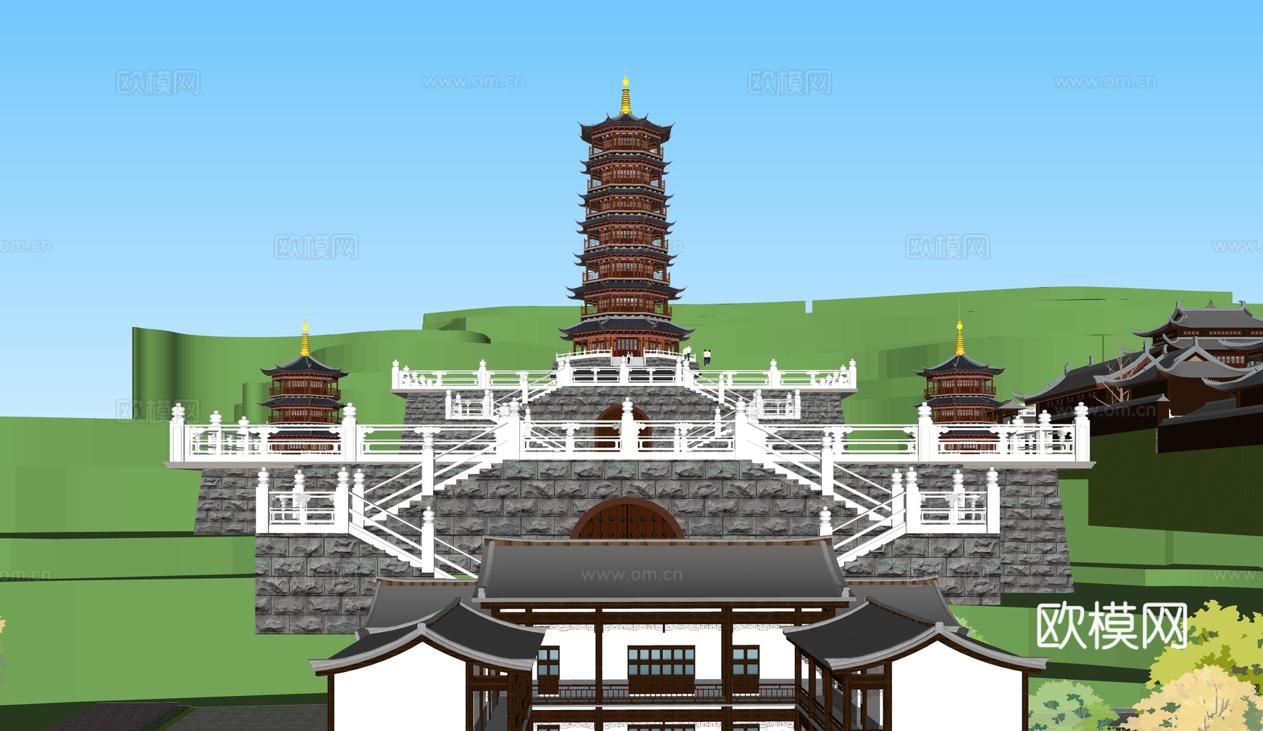 中式寺庙 古塔 中式风景园林su模型