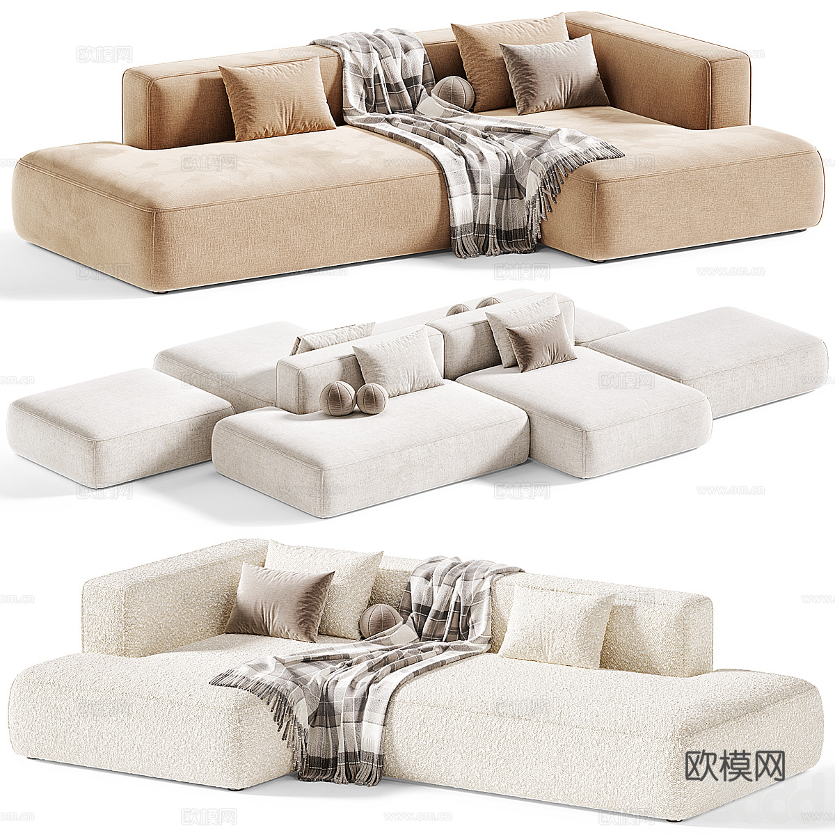 现代奶油风布艺组合沙发3d模型