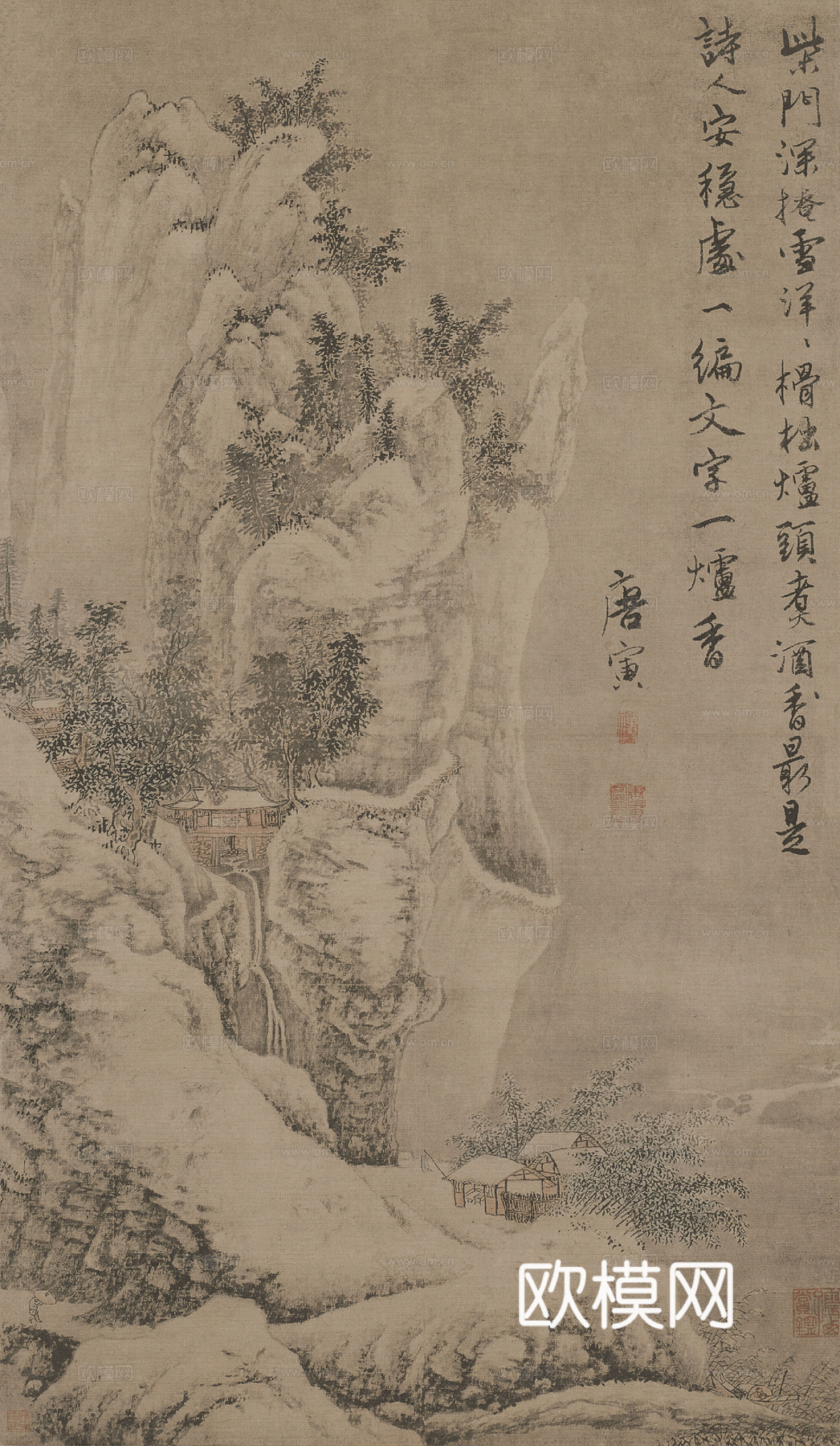 中式国画-柴门掩雪图贴图
