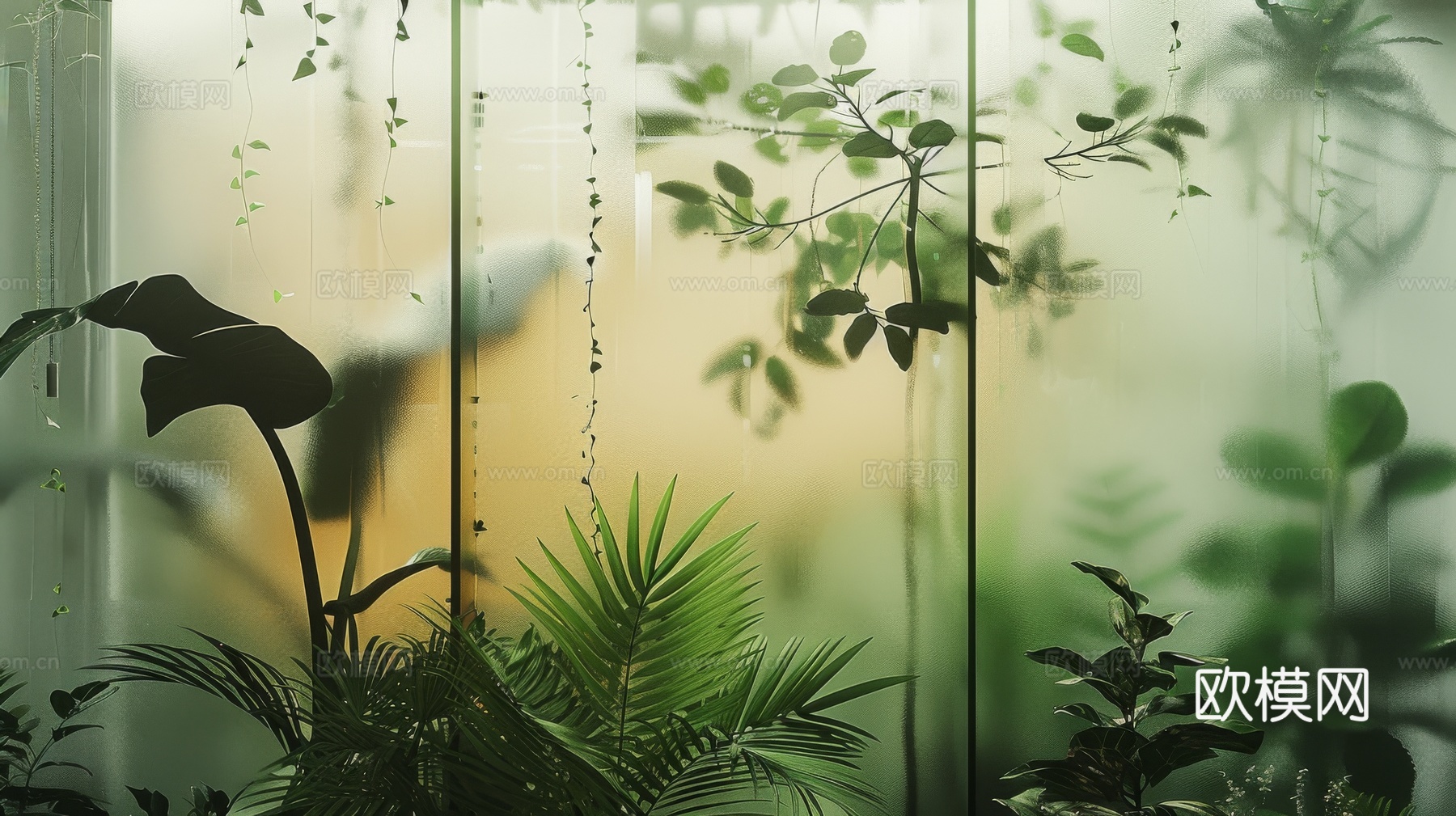 夹丝磨砂玻璃幕墙植物隔断