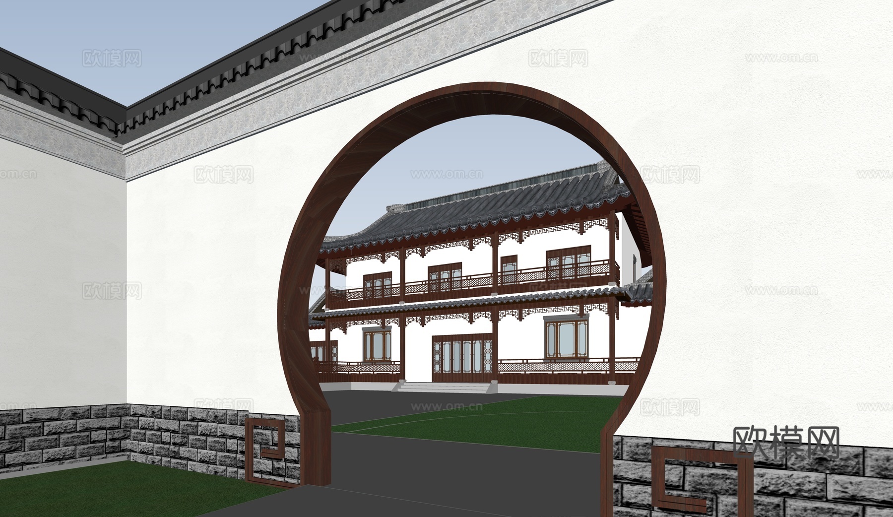 中式合园别墅 合园建筑 月亮门su模型