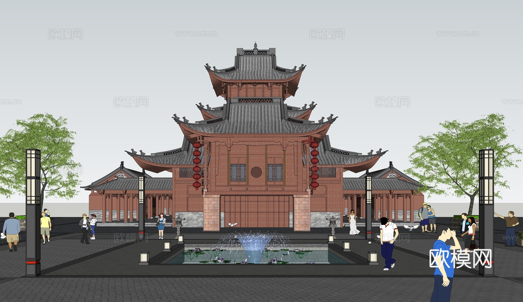 中式庙宇 合园建筑 庭院景观su模型下载（渲染图1）