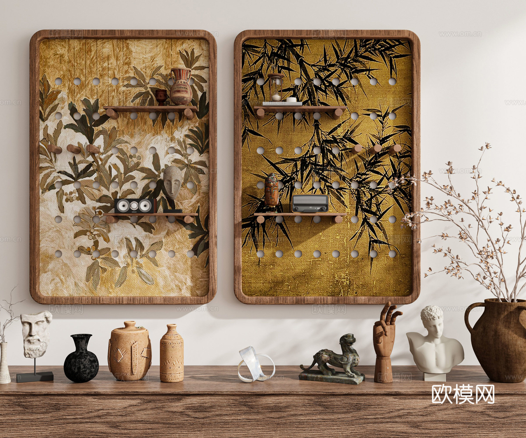 现代复古侘寂中古风新中式禅意挂画墙饰装饰画组合陈设品绿植3d模型